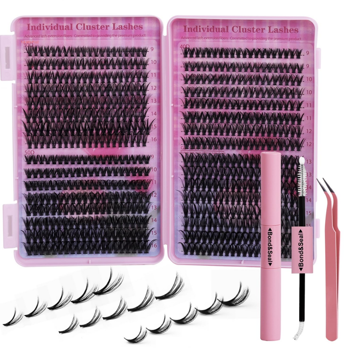 Lash Extension Kit Volume Lash Clusters 30D+40D+50D D Curl Individual Lashes Lash Clusters Kit Thick Eyelash Extension Kit 640 Pcs Thin Band Cluster Lashes Lash Bond and Seal Lash Tweezers