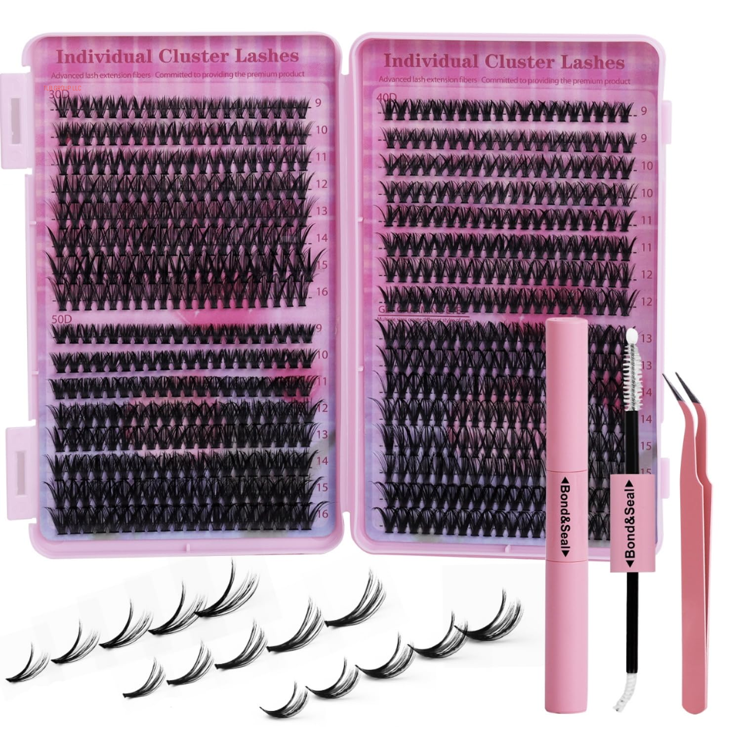 Lash Extension Kit Volume Lash Clusters 30D+40D+50D D Curl Individual Lashes Lash Clusters Kit Thick Eyelash Extension Kit 640 Pcs Thin Band Cluster Lashes Lash Bond and Seal Lash Tweezers