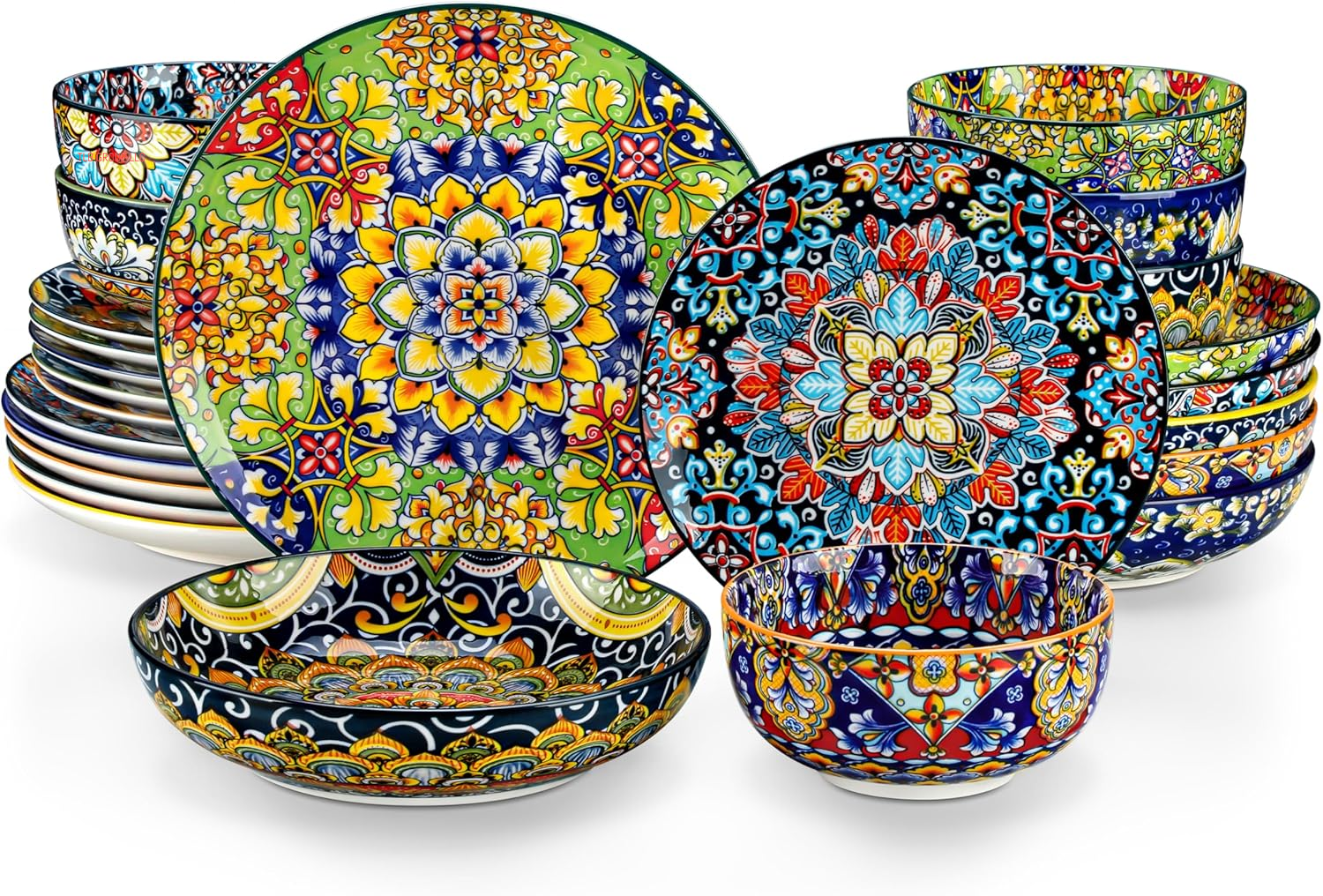 12 Pieces Dinnerware Sets, Plates and Bowls Set, Porcelain Dishes Set for 4, Microwave and Dishwasher Safe, Scratch Resistant, Bohemian Style Dining Ware Service for 4, Series SIMI