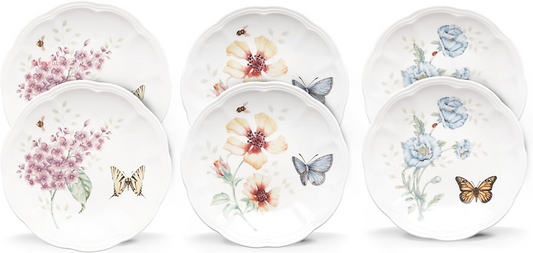 817046 Butterfly Meadow 6-Piece Tidbit Plate Set, White, 3.05 LB