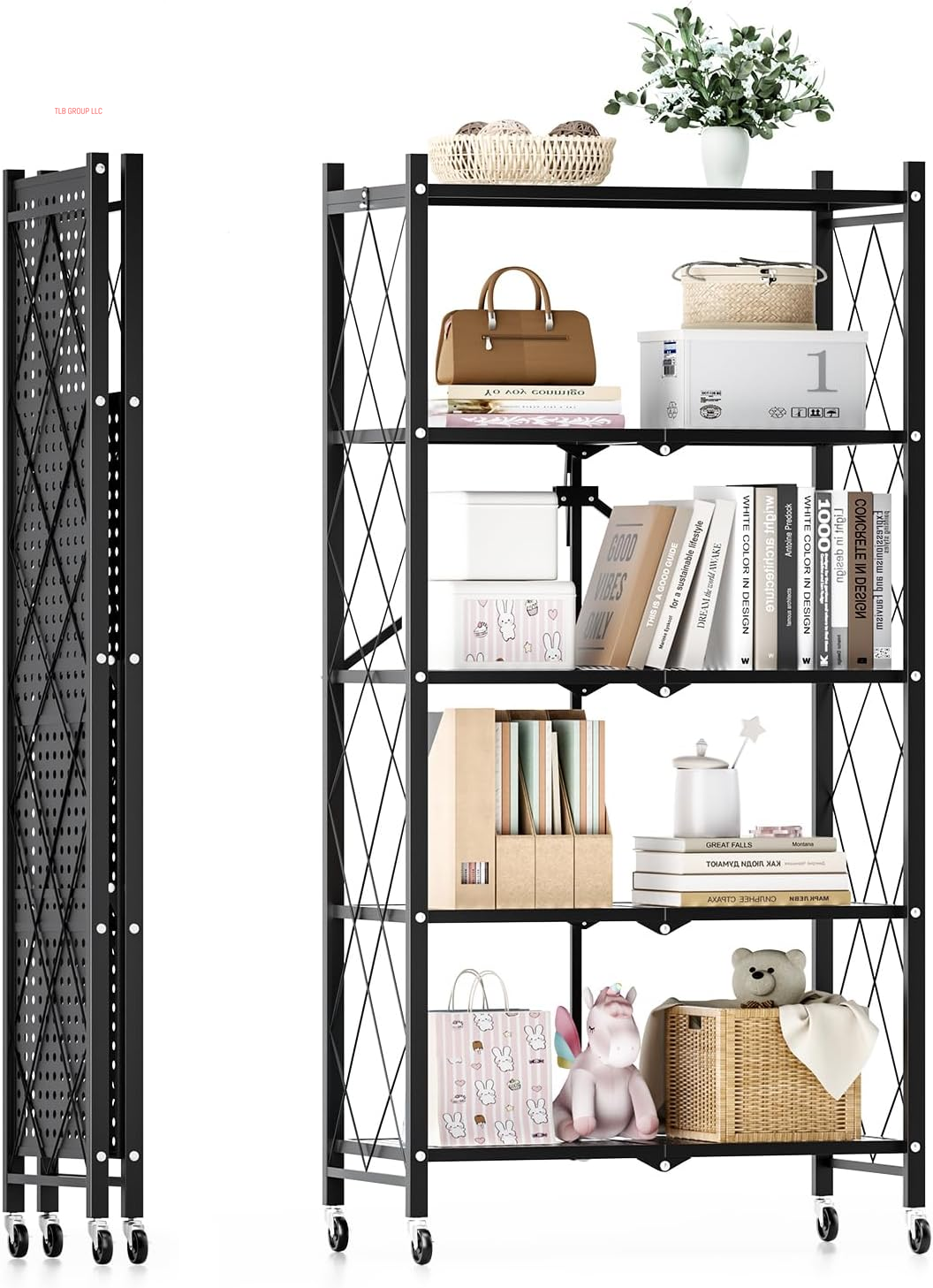 Heavy Duty 3-Tier Foldable Metal Rack, 14.96" D X 27.95" W X 34.25" H Storage Shelving Unit 750 Lbs with Wheels Moving Organizer Shelves for Garage Kitchen, Black