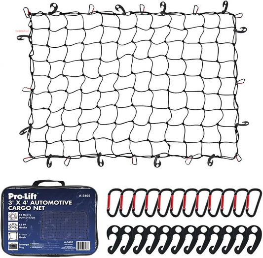 Truck Bed Net – 3' X 4' Cargo Netting Stretches to 6' X 8' Square Mesh Grid 4” X 4” with 12 D-Shaped Clips and 12 Plastic Hooks for SUV, Jeep, Chevy Silverado