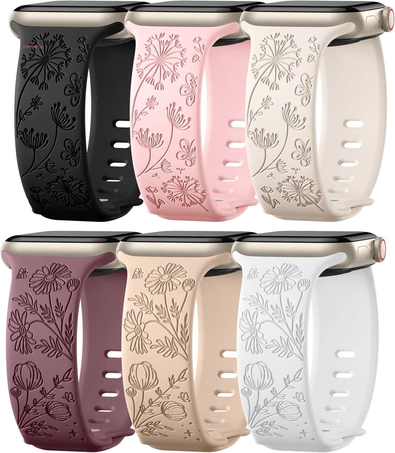 6 Pack Flower Engraved Band Compatible with Apple Watch Bands for Women 40Mm 41Mm 42Mm 38Mm 44Mm 45Mm 46Mm 49Mm,Cute Soft Waterproof Sport Strap for Iwatch Bands Women Series 10 9-1 SE Ultra1/2