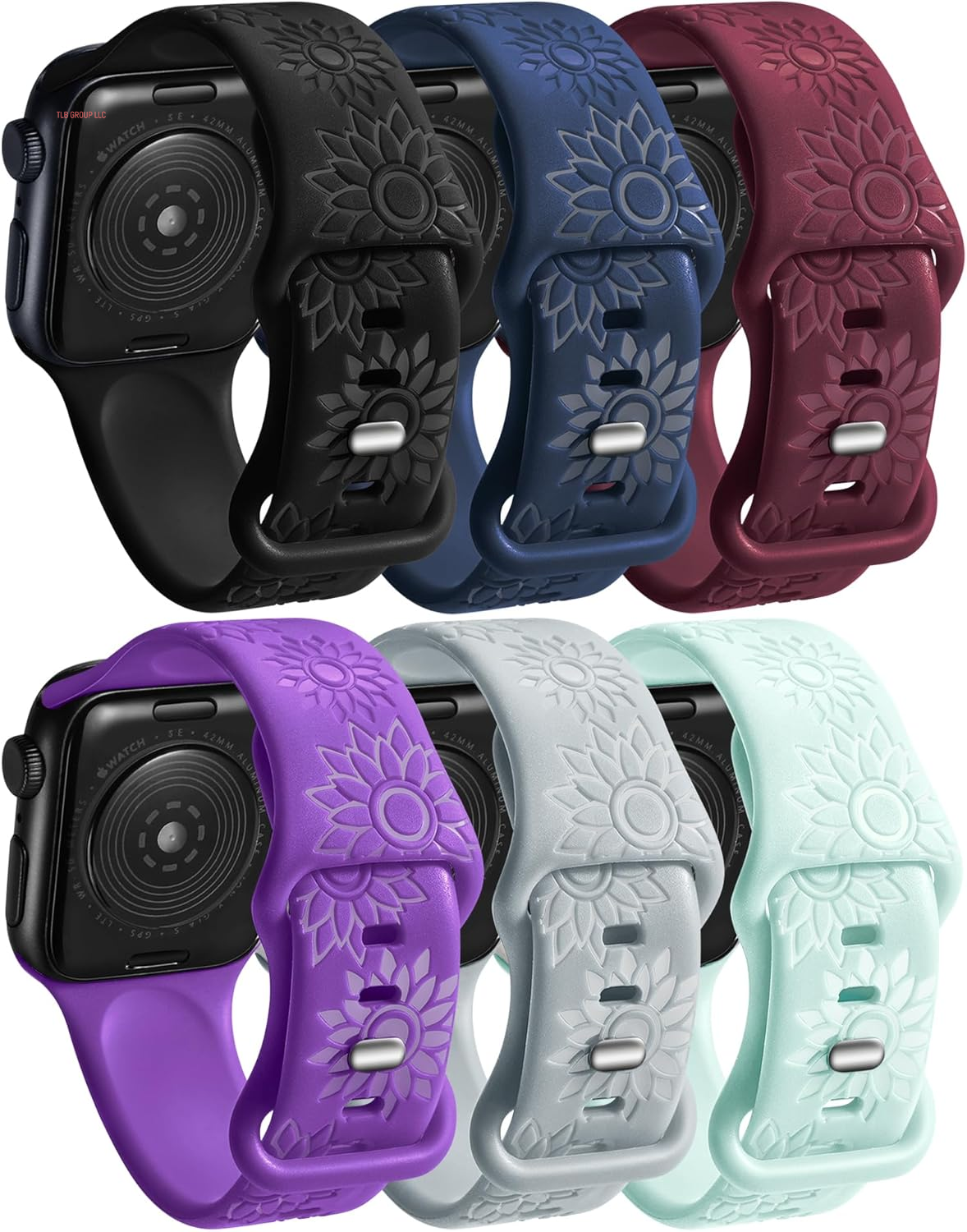6 Pack Flower Engraved Bands Compatible Apple Watch Band with 38Mm 40Mm 41Mm 42Mm 44Mm 46Mm 45Mm 49Mm Women Men.Silicone Floral Reflective Sport Strap for Iwatch Series 10 9 8 7 6 5 4 3 SE Ultra 2 1