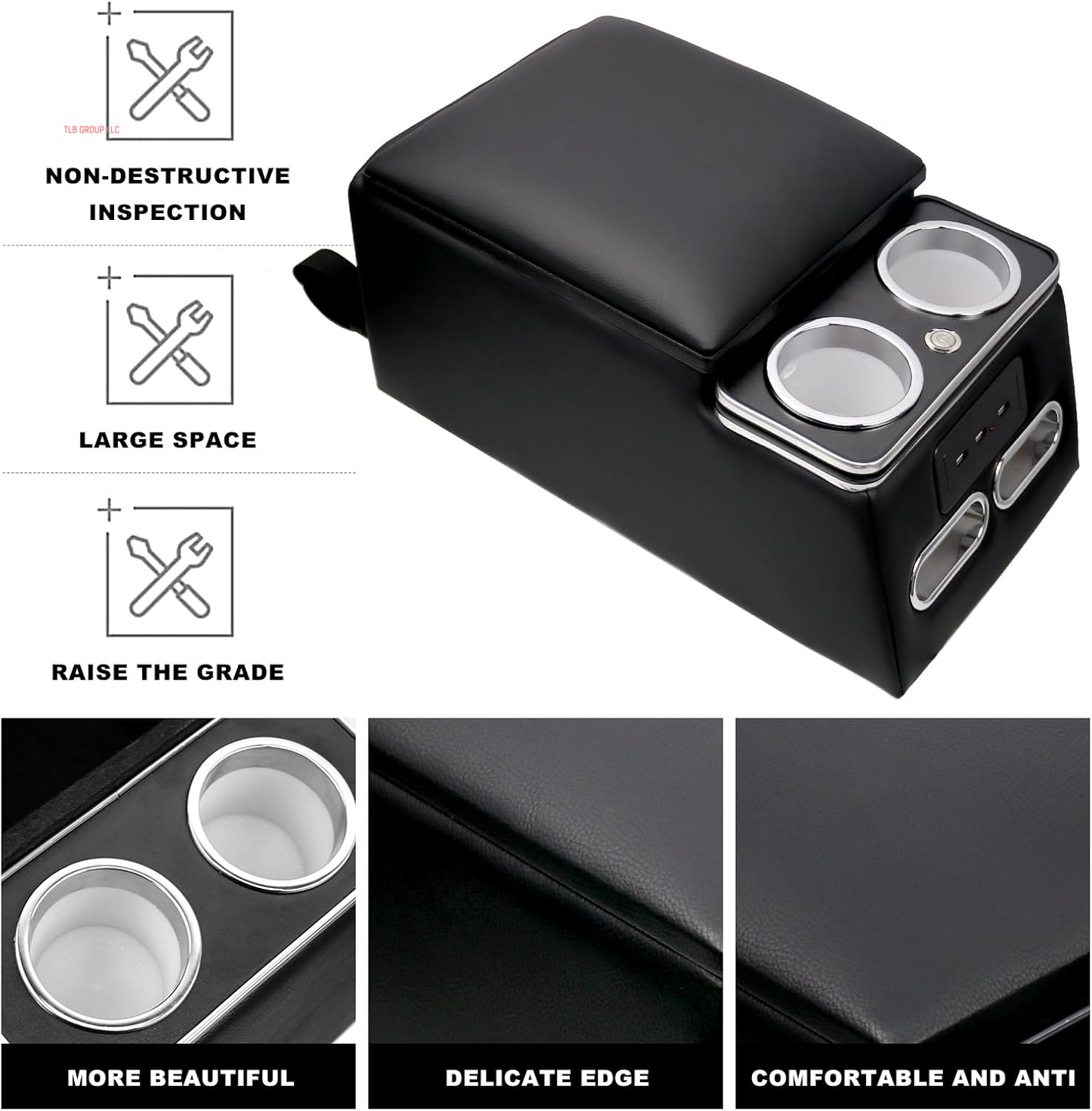 Black Universal Truck Seat/Bench Organizer with LED Light, USB Port, Cup Holders, Armrest, and Padded Top Lid - Ideal for Business Storage 124810 Contractor Console Luxurious