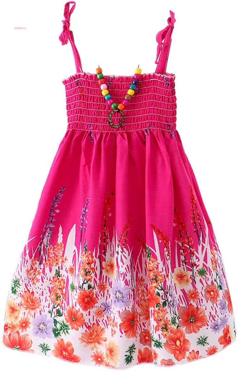 Girls Bohemian Dresses Floral Sleeveless Rainbow Beach Sundress with Necklace 2-12T