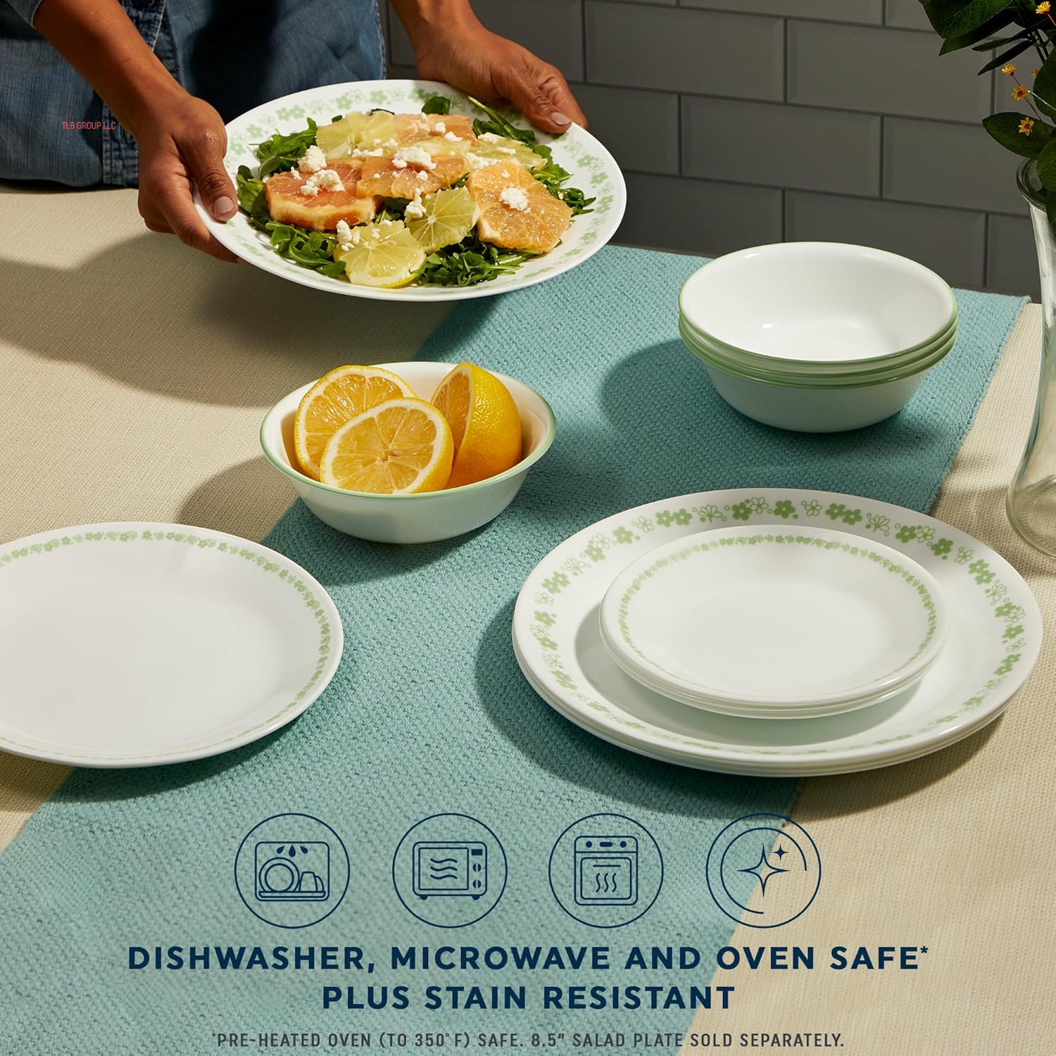 Vitrelle 18 Piece Glass Dinnerware Sets, Service for 6, Triple Layer Chip & Crack Resistant Glass Plate and Bowl Sets, Spring Blossom Green