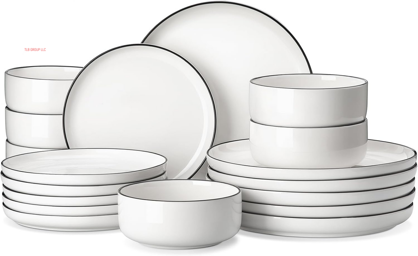 Plates and Bowls Sets, 12 Pieces Modern Porcelain Dinnerware Set for 4 White Kitchen Dinner Dining Ware Set Wtih Black Rim Ceramic Dishware Dishes Microwave and Dishwasher Safe, Series LUNA