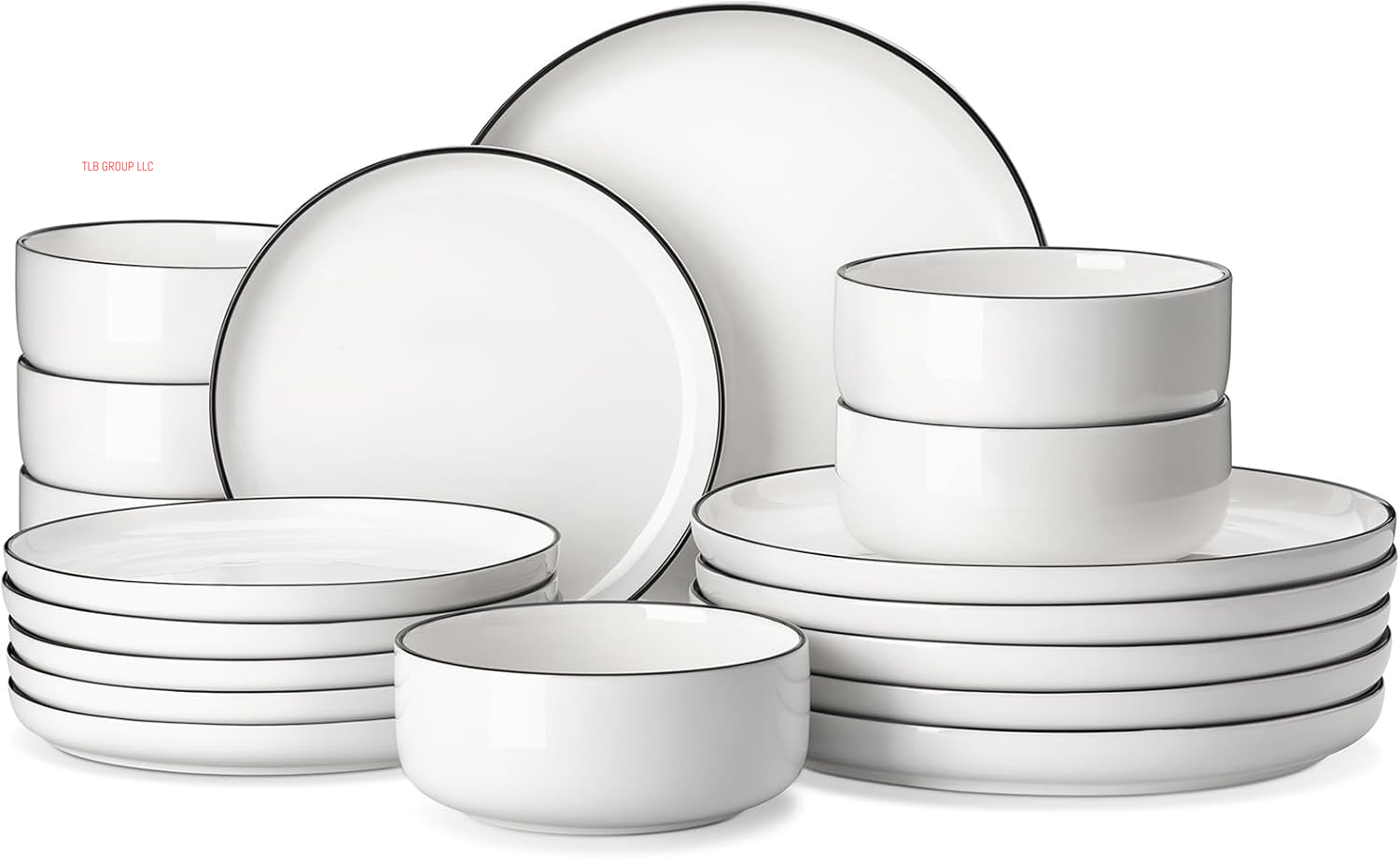 Plates and Bowls Sets, 12 Pieces Modern Porcelain Dinnerware Set for 4 White Kitchen Dinner Dining Ware Set Wtih Black Rim Ceramic Dishware Dishes Microwave and Dishwasher Safe, Series LUNA