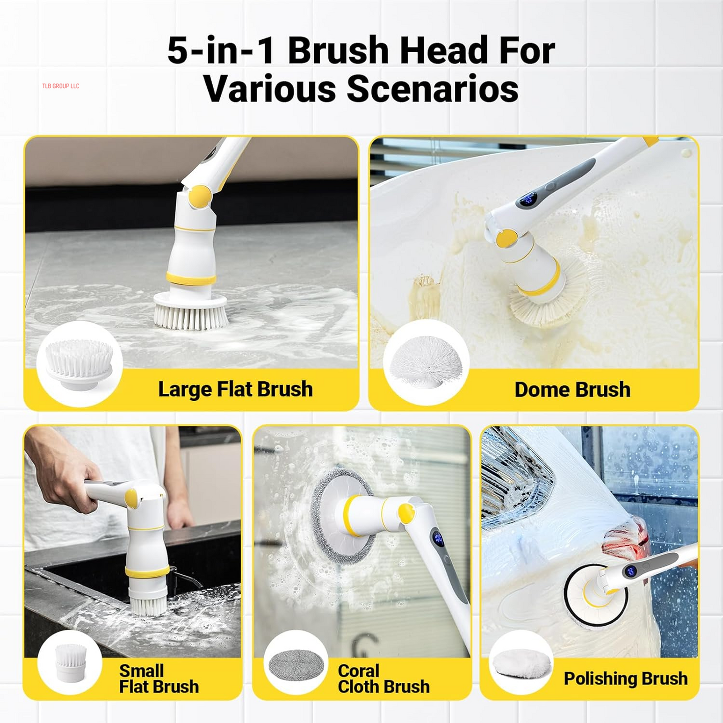Electric Spin Scrubber, Cordless Cleaning Brush with LED Display, 4 Adjustable Angles, 3 Speeds, 2H Runtime, Adjustable Handle, 5 Brush Heads for Bathroom Tub Kitchen Tile Floor