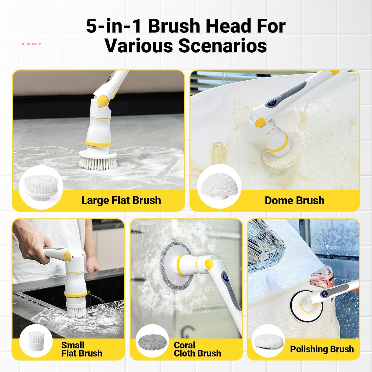 Electric Spin Scrubber, Cordless Cleaning Brush with LED Display, 4 Adjustable Angles, 3 Speeds, 2H Runtime, Adjustable Handle, 5 Brush Heads for Bathroom Tub Kitchen Tile Floor