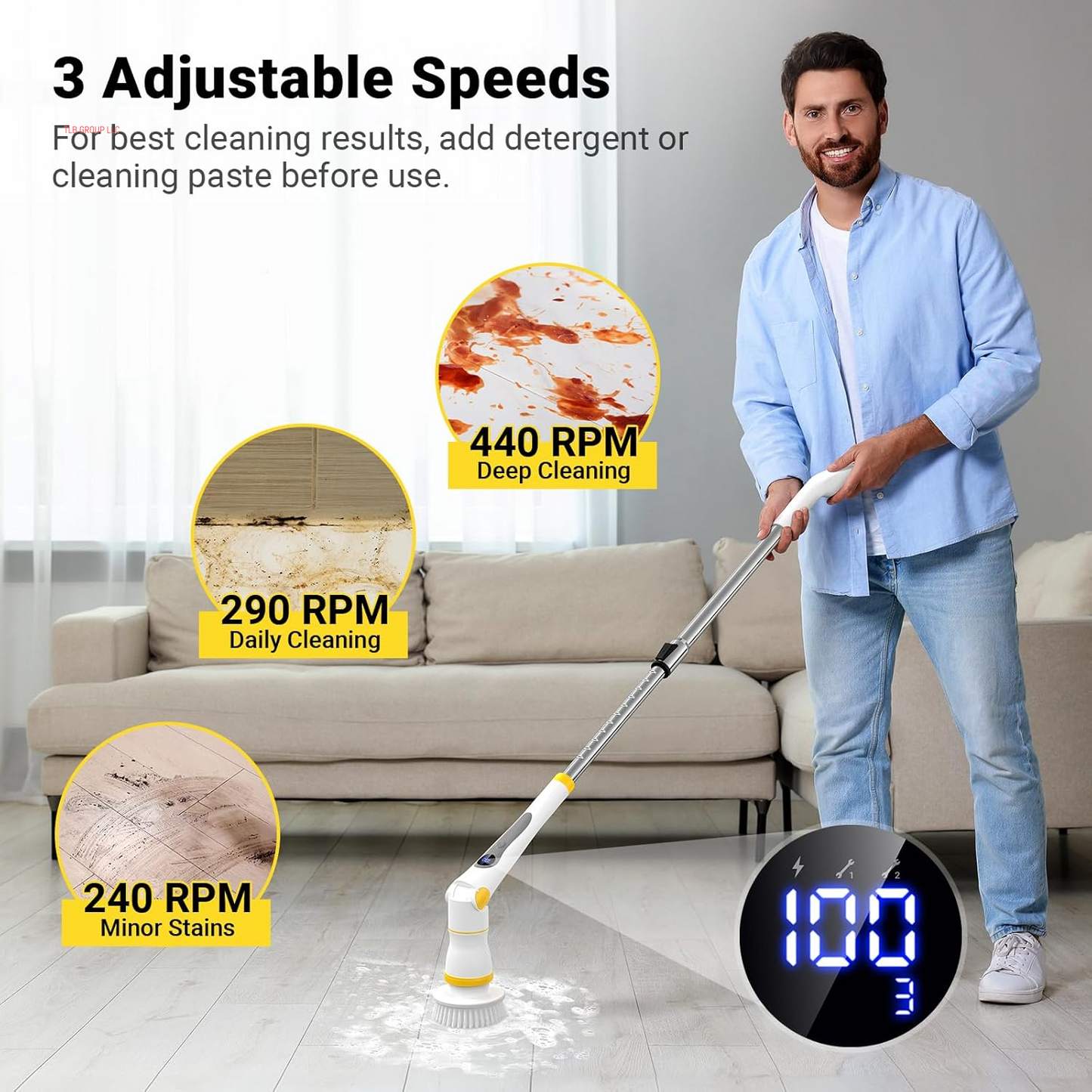 Electric Spin Scrubber, Cordless Cleaning Brush with LED Display, 4 Adjustable Angles, 3 Speeds, 2H Runtime, Adjustable Handle, 5 Brush Heads for Bathroom Tub Kitchen Tile Floor