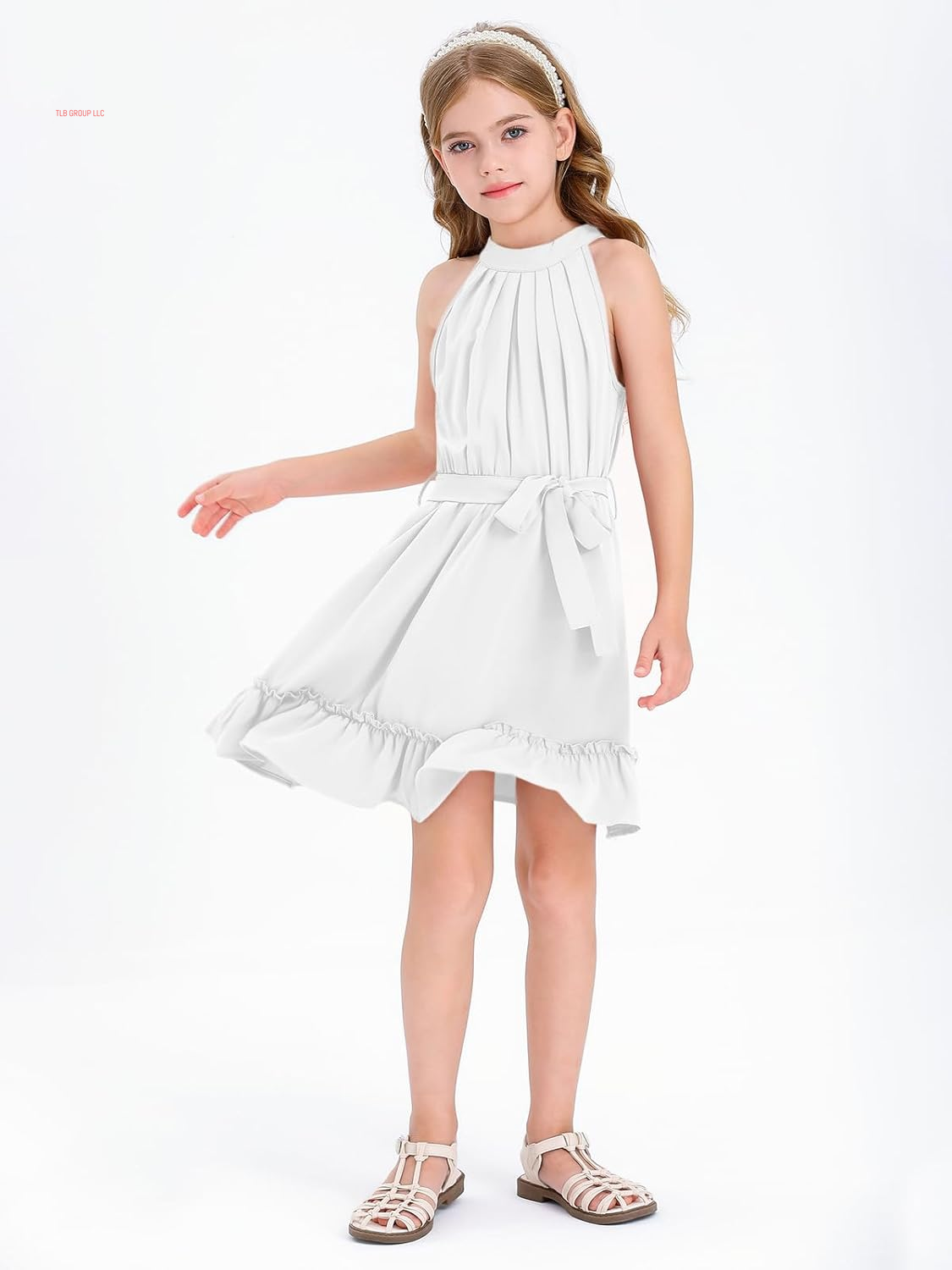 Girl'S Halter Neck Sleeveless Summer Dress Tie Waist A-Line Sundress Mini Swing Pleated Dress for Girls 4-12