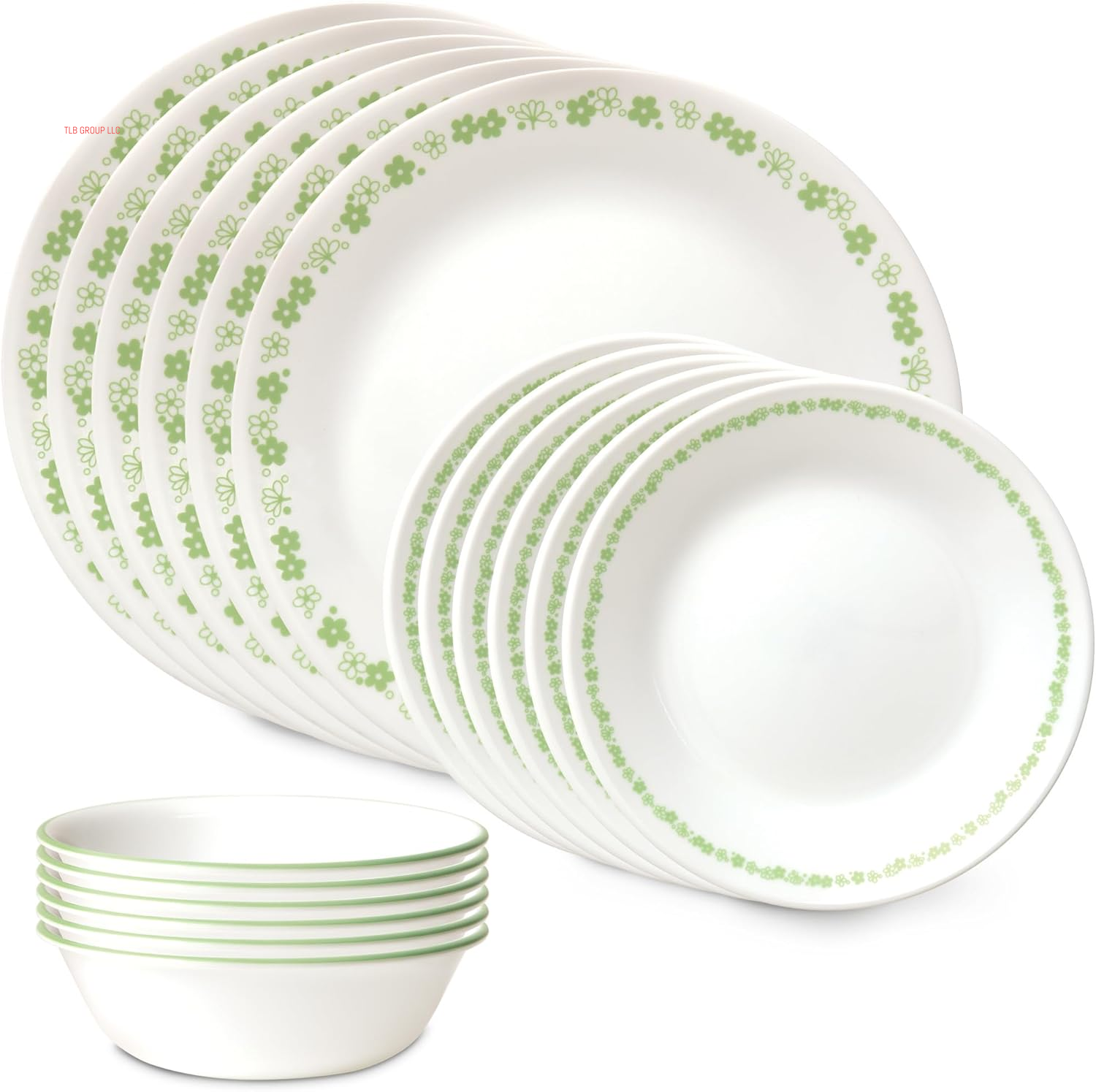Vitrelle 18 Piece Glass Dinnerware Sets, Service for 6, Triple Layer Chip & Crack Resistant Glass Plate and Bowl Sets, Spring Blossom Green