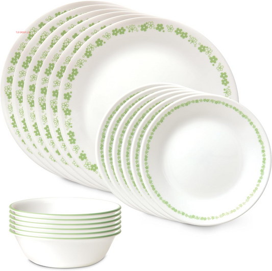 Vitrelle 18 Piece Glass Dinnerware Sets, Service for 6, Triple Layer Chip & Crack Resistant Glass Plate and Bowl Sets, Spring Blossom Green