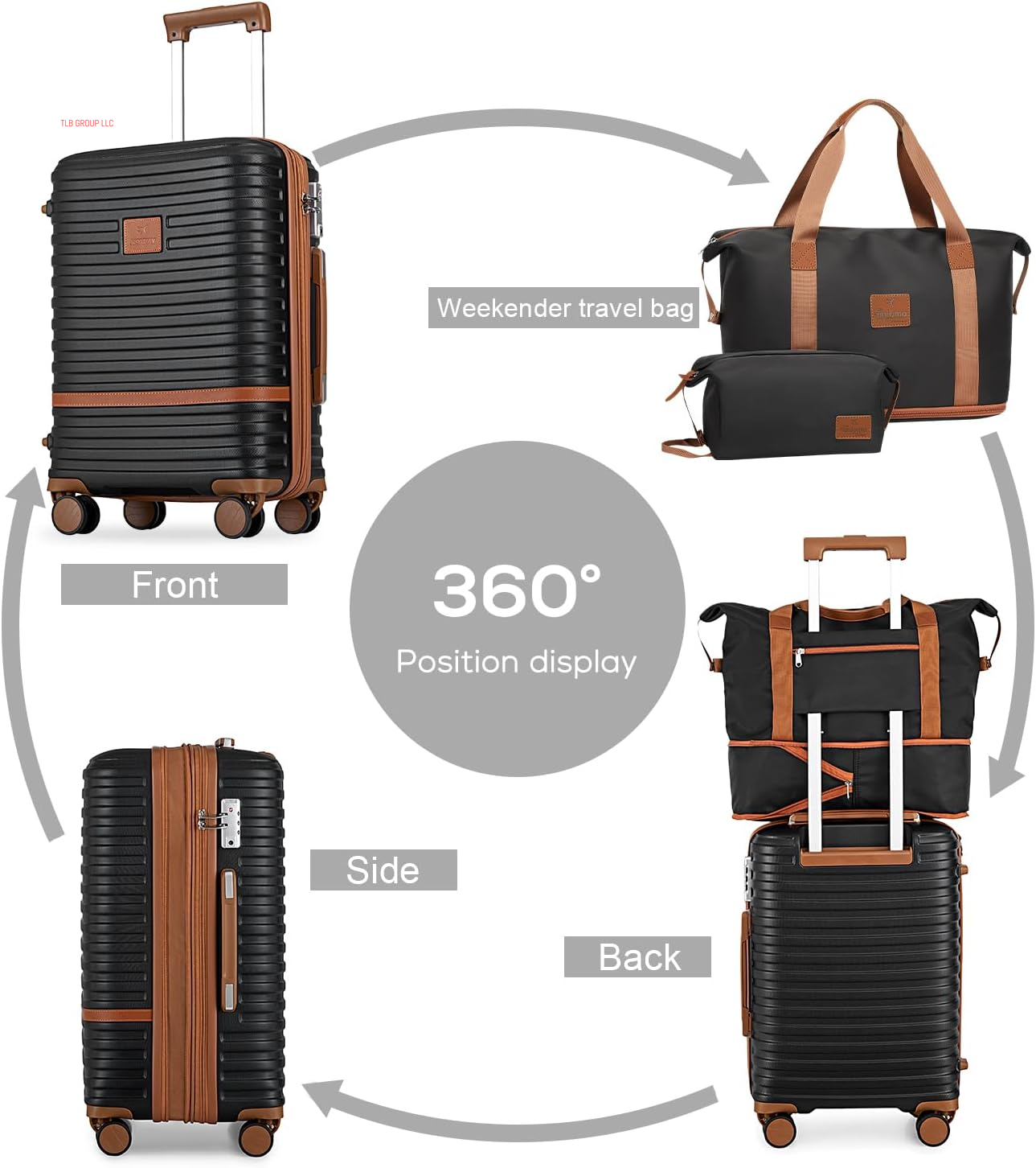 Carry on Luggage 20 Inch Expandable Suitcase with Spinner Wheel, 4 Piece Hard Shell Luggage Set with TSA Lock(Black Brown)