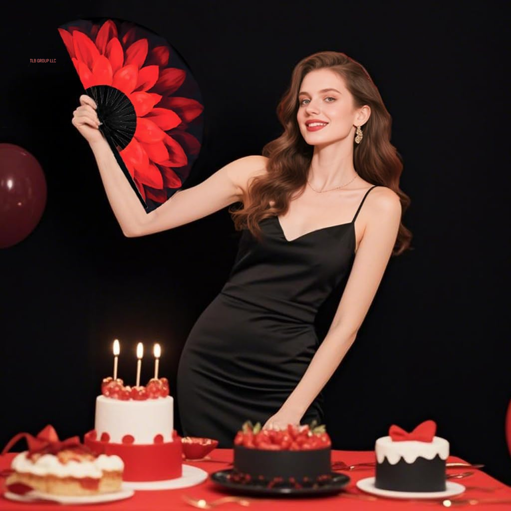 Folding Hand Fan Line Dance Popping Fan with Fan Bag，Folding Hand Fan Bamboo Ribs Hand Held Chinese for Music Festival,Club, Party, Dance，Disco, Neon, Glow Party Decorations (Multicolour, Petals)