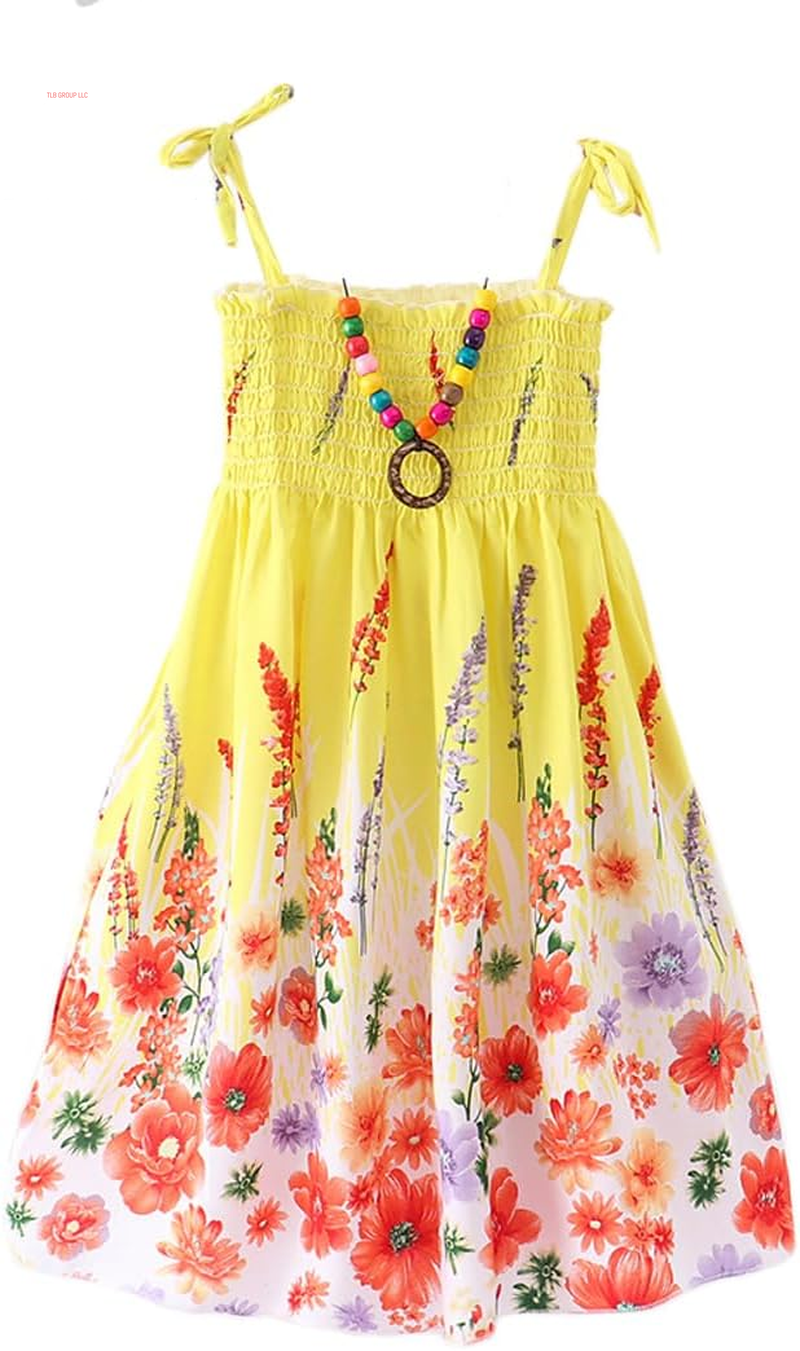 Girls Bohemian Dresses Floral Sleeveless Rainbow Beach Sundress with Necklace 2-12T