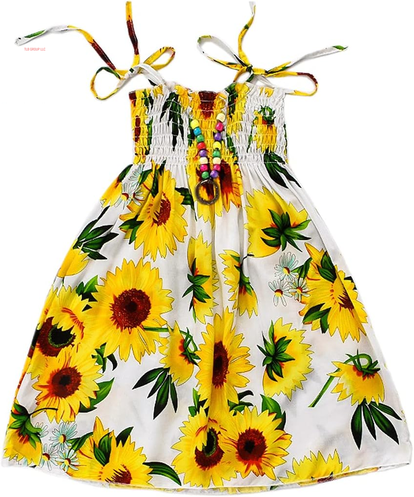 Girls Bohemian Dresses Floral Sleeveless Rainbow Beach Sundress with Necklace 2-12T