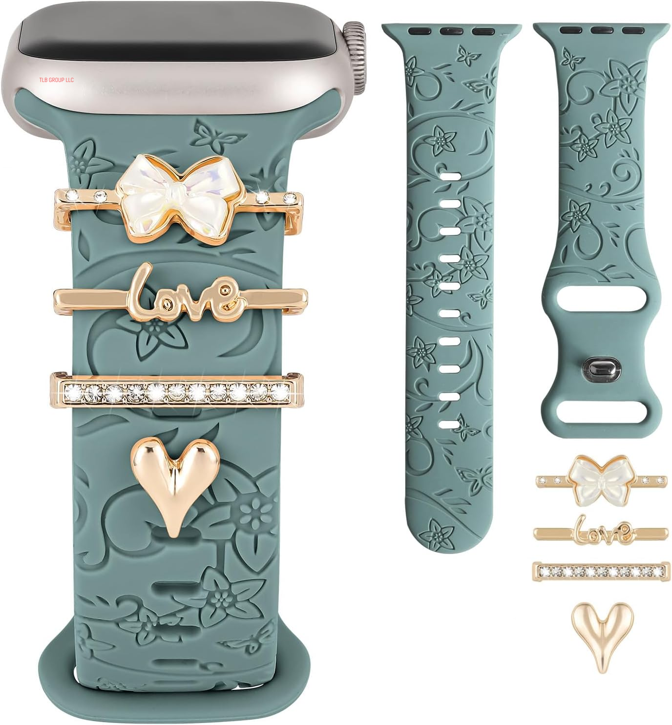 Charm+Band for Apple Watch Bands 40Mm 41Mm 38Mm 44Mm 45Mm 46Mm 42Mm Women Men,Floral Engraved Silicone Sport Band+Decorative Ring Loops for Iwatch Series 10 9 8 7 6 5 4 3 SE Ultra/2 49Mm,Jewelry Strap