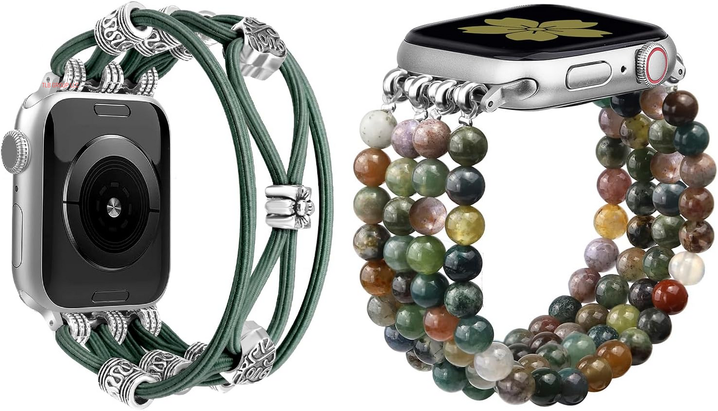 Braided Nylon Stretchy Strap Natural Stone Beaded Bracelet Band Bundle Compatible with Apple Watch 38Mm 40Mm 41Mm 42Mm (S10) for Women for Iwatch Series 10/9/8/7/6/5/4/3/2/1/SE