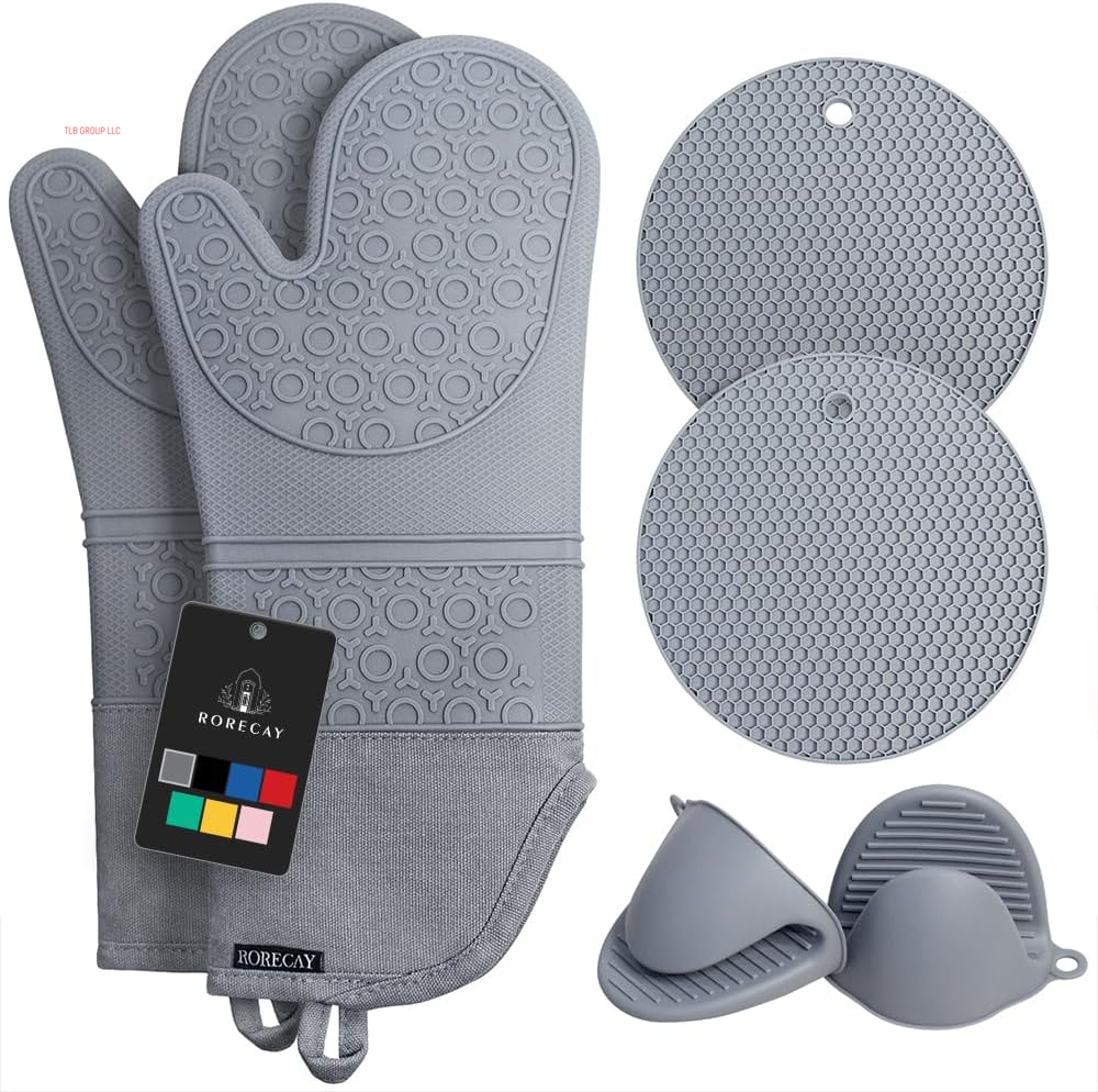Extra Long Oven Mitts and Pot Holders Sets: Heat Resistant Silicone Oven Mittens with Mini Oven Gloves and Hot Pads Potholders for Kitchen Baking Cooking, Quilted Liner, Gray, Pack of 6