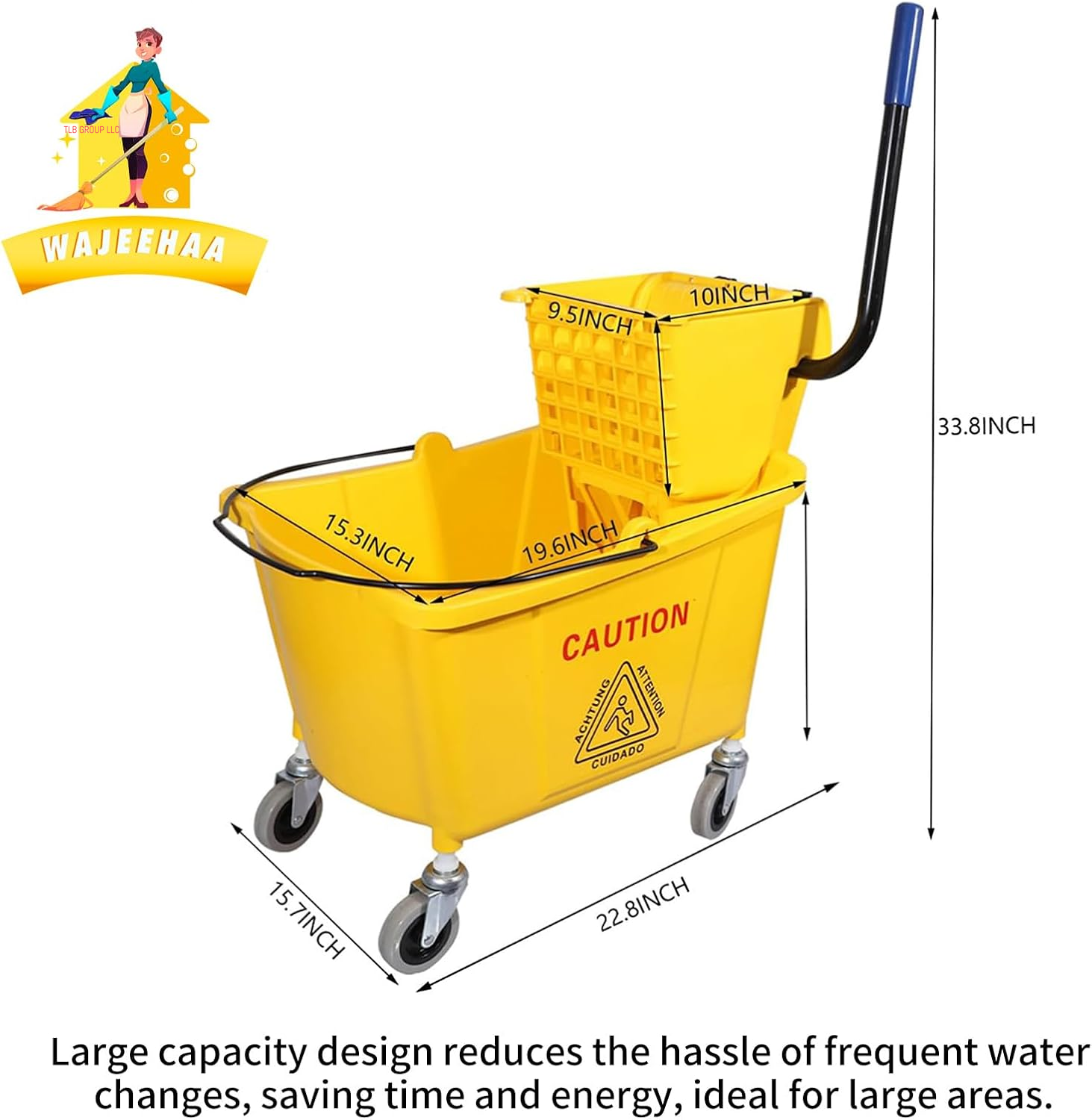 Commercial Mop Bucket with Side-Press Wringer for Floor Cleaning, 35 Quarts, Yellow, Including One Commercial Mop