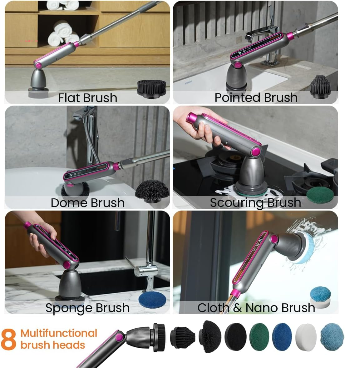 Electric Spin Scrubber 16 in 1 Cleaning Brush with Adjustable Angles & Heads, Bathroom Power Scrubber with Extendable Handle, Interactive LED, Cleaning Supplies for Toilet,Kitchen,Shower-Grey