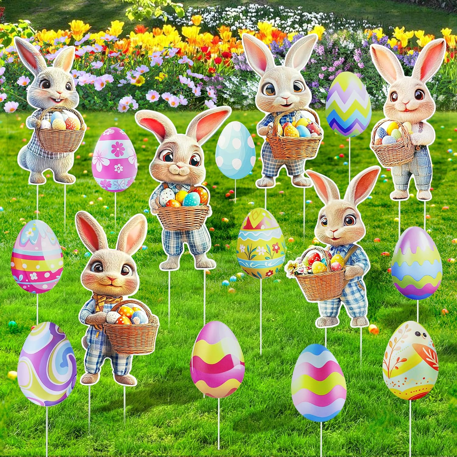 16 PCS Easter Bunny Decorations Outdoor, Easter Yard Signs Bunny and Eggs with Stakes for Home Decor, Waterproof Garden Lawn Spring Signs