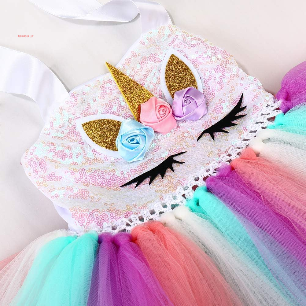 Handmade Sequin Unicorn Dress for Girls 1-10Y with Headband Birthday Dance Party Dresses