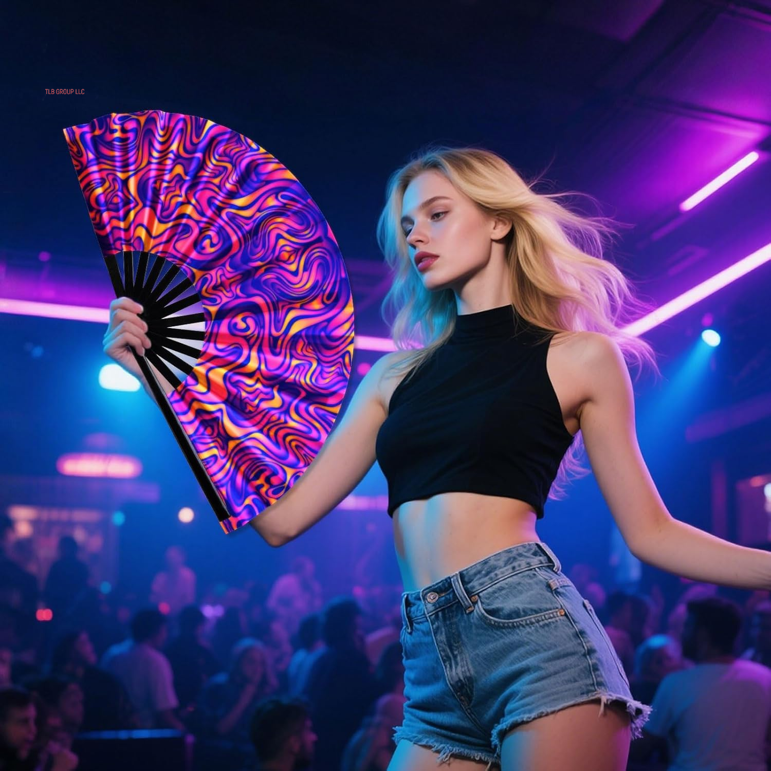 UV Glow Rave Fan Large Handheld Folding 13 Inch Bamboo Festival Foldable Clack Popping Fan for Line Dancing Men and Women (Ripple)