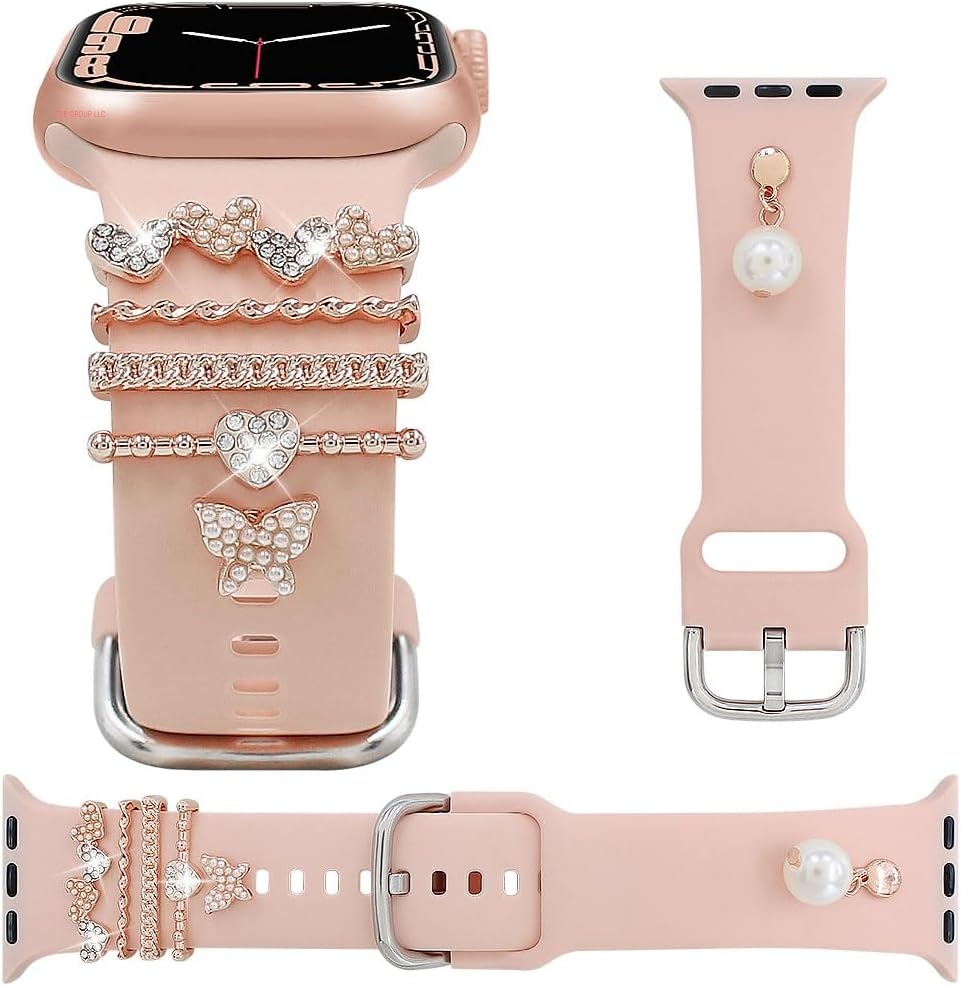 Stylish Silicone Band Compatible with Apple Watch Bands Women 49 46 45 44 42 41 40 38Mm,Wristband with Unique Charms Pendants for Iwatch Series 10 9 8 7 6 5 4 3 SE Ultra 2