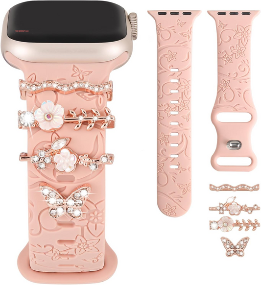 Charm+Band for Apple Watch Bands 40Mm 41Mm 38Mm 44Mm 45Mm 46Mm 42Mm Women Men,Floral Engraved Silicone Sport Band+Decorative Ring Loops for Iwatch Series 10 9 8 7 6 5 4 3 SE Ultra/2 49Mm,Jewelry Strap