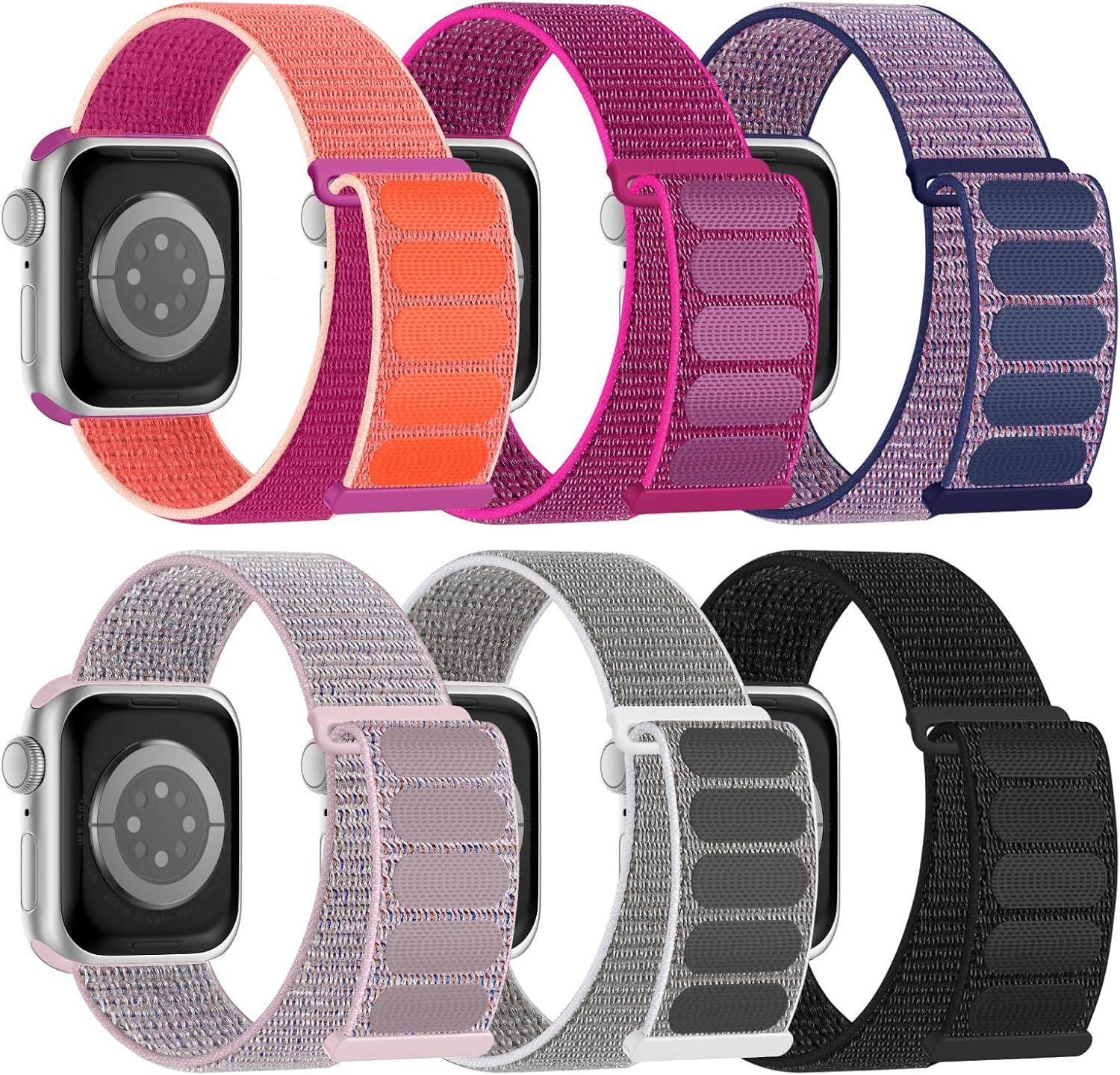 6 Pack Sport Nylon Loop Band Compatible with Apple Watch Bands 38Mm 40Mm 41Mm 42Mm 44Mm 45Mm 46Mm 49Mm for Women Men, Adjustable Breathable Braided Straps for Iwatch Series 10/9/8/7/6/5/4/3/Se/Ultra