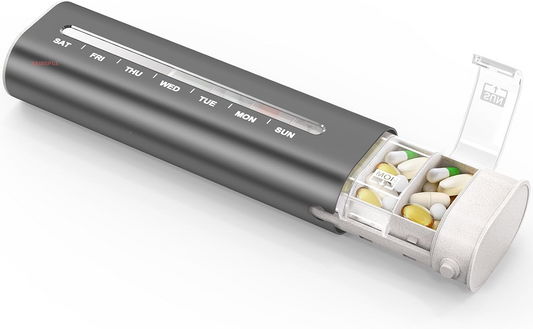 Metal Weekly Pill Organizer, Aluminum Daily Pill Box, 7 Day Portable Travel Pill Case, Large Capacity Pill Holder Container for Pills, Medicines, Vitamins, Fish Oil, Supplements, Steel Grey