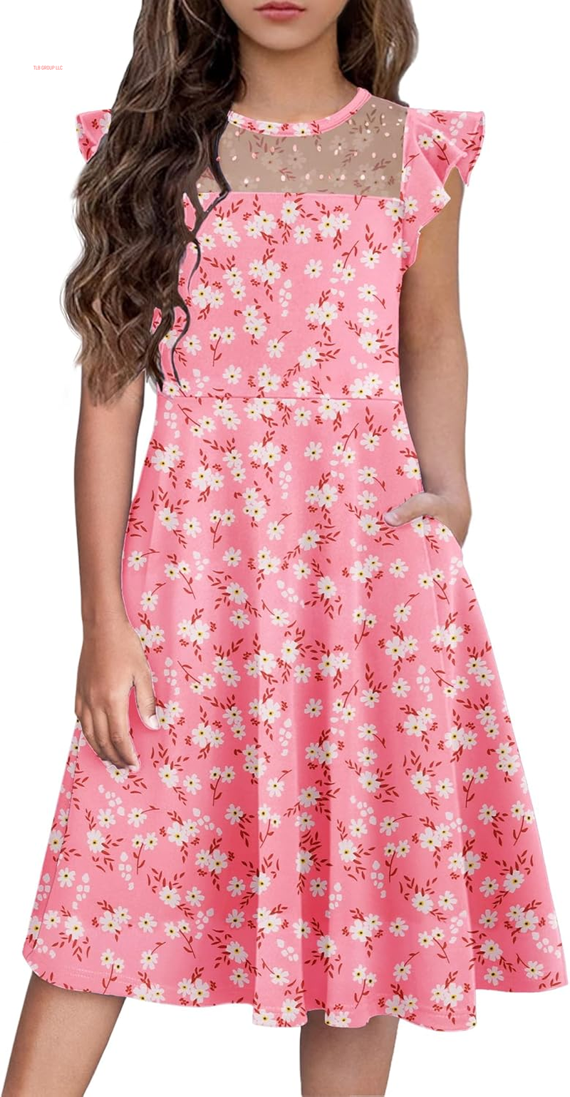 Girls Dresses Summer Formal Party Wedding Ruffle Sleeve Mesh a Line Dress with Pockets