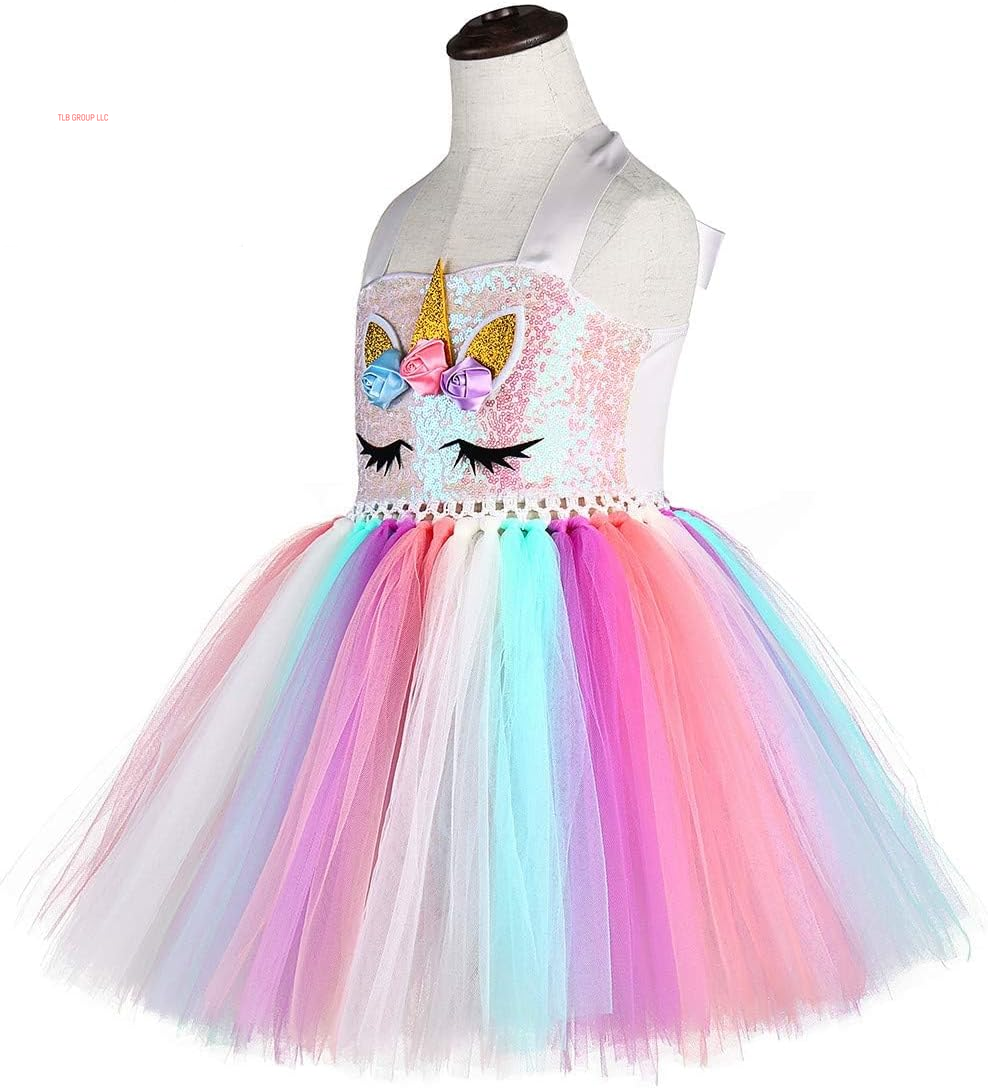 Handmade Sequin Unicorn Dress for Girls 1-10Y with Headband Birthday Dance Party Dresses