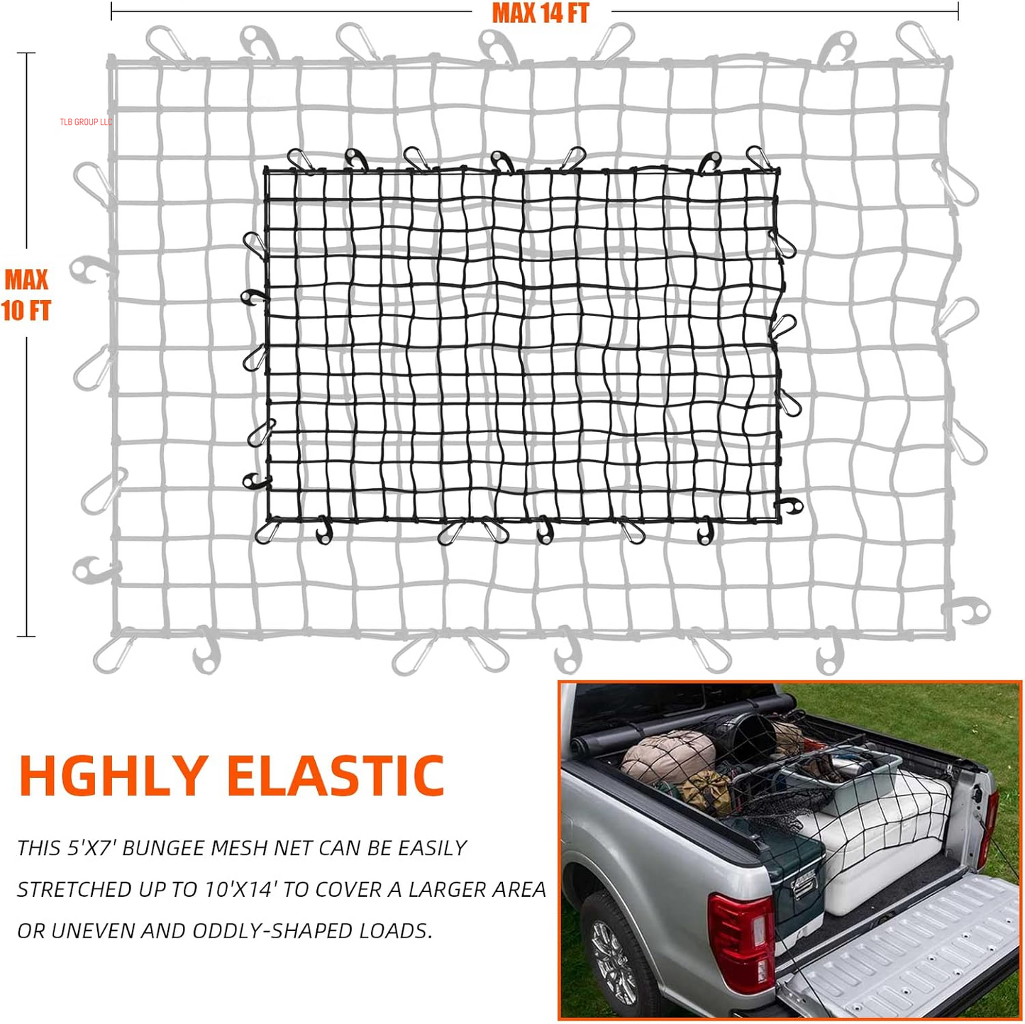 5’ X 7'Cargo Net for Pickup Truck Bed Stretches to 10' X 14' Heavy-Duty, Mesh Square Latex Bungee Netting with 14 Metal Carabiners + 14 Hooks- Compatible with Ford, Dodge RAM, Chevy, Toyota