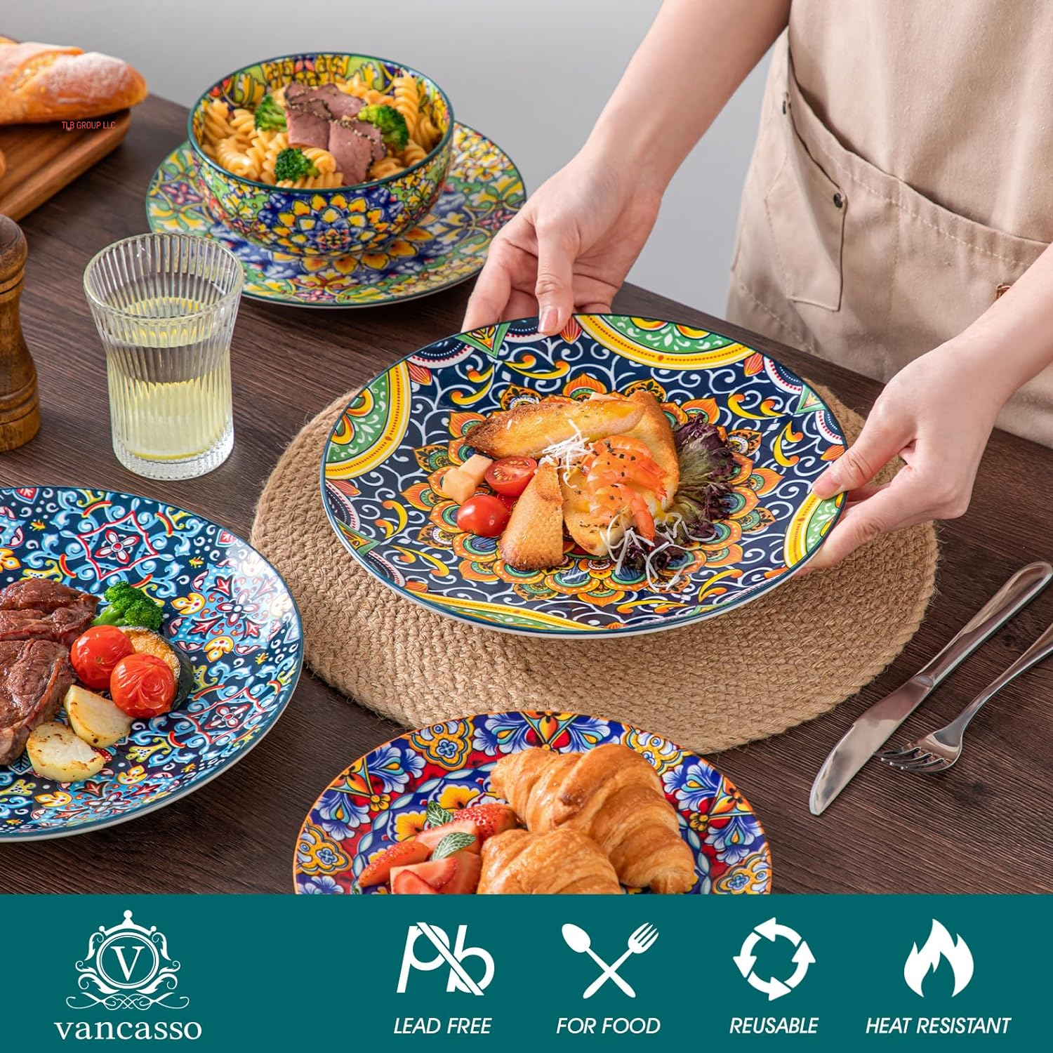 12 Pieces Dinnerware Sets, Plates and Bowls Set, Porcelain Dishes Set for 4, Microwave and Dishwasher Safe, Scratch Resistant, Bohemian Style Dining Ware Service for 4, Series SIMI