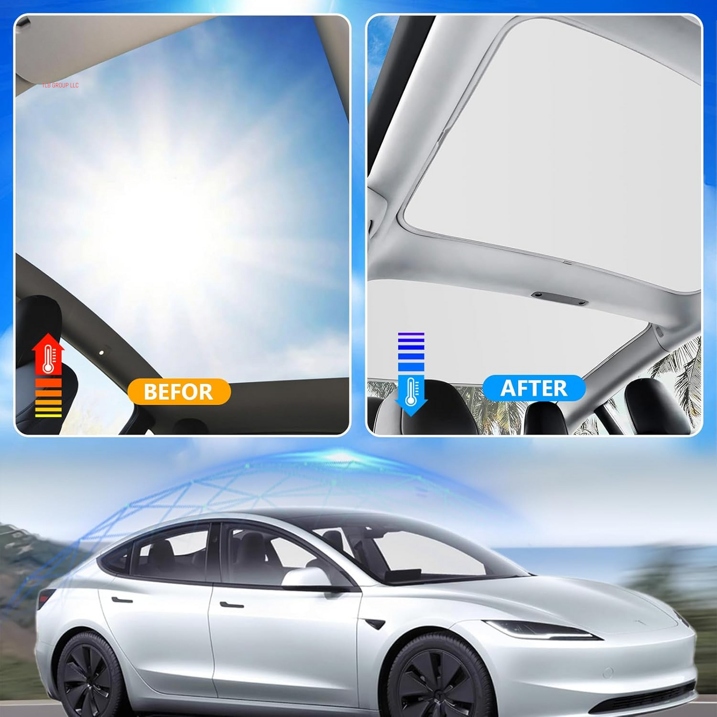 2025 Sunshade Roof for Tesla Model 3 Highland Accessories 2024 No Sagging Roof Sun Shade Light Gray
