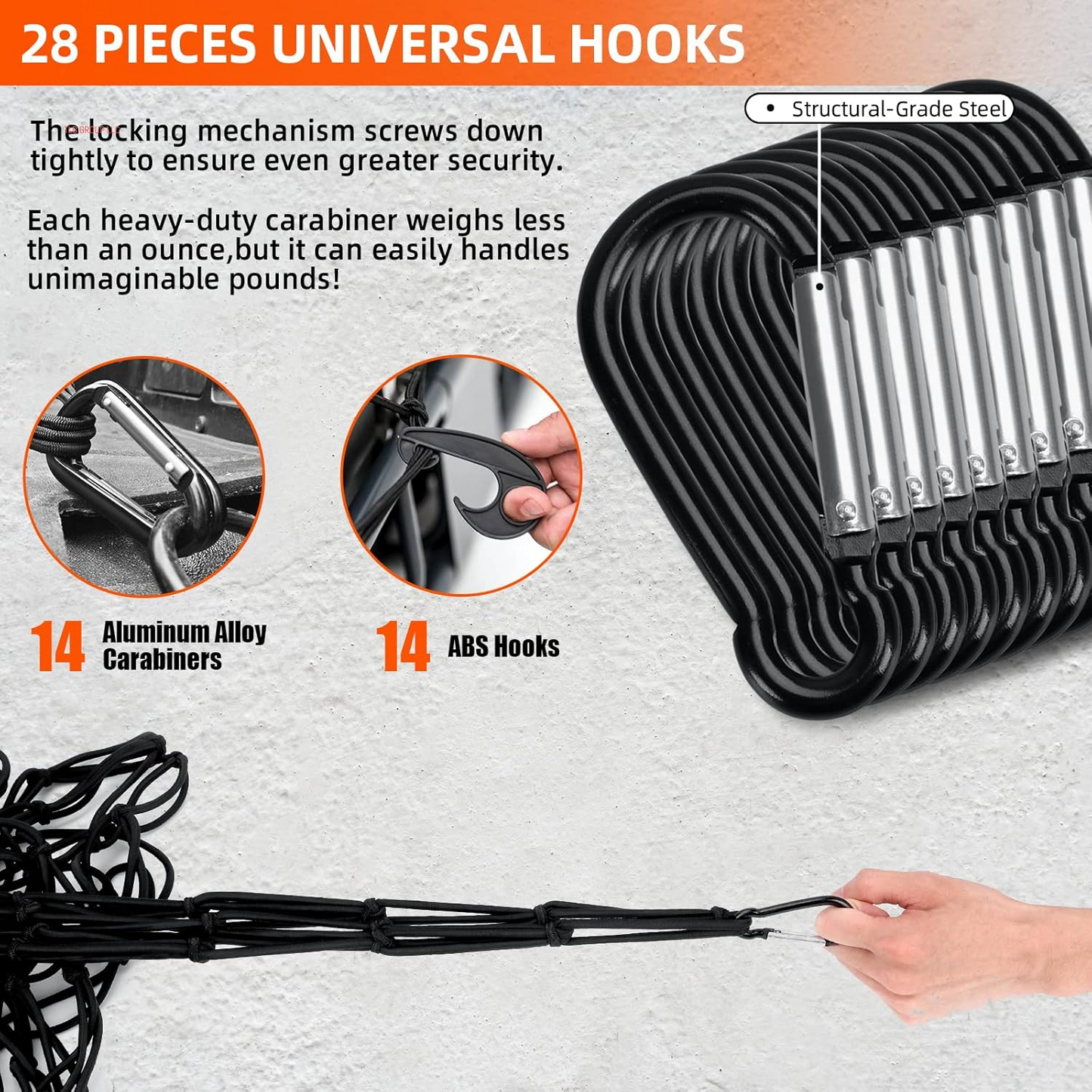 5’ X 7'Cargo Net for Pickup Truck Bed Stretches to 10' X 14' Heavy-Duty, Mesh Square Latex Bungee Netting with 14 Metal Carabiners + 14 Hooks- Compatible with Ford, Dodge RAM, Chevy, Toyota