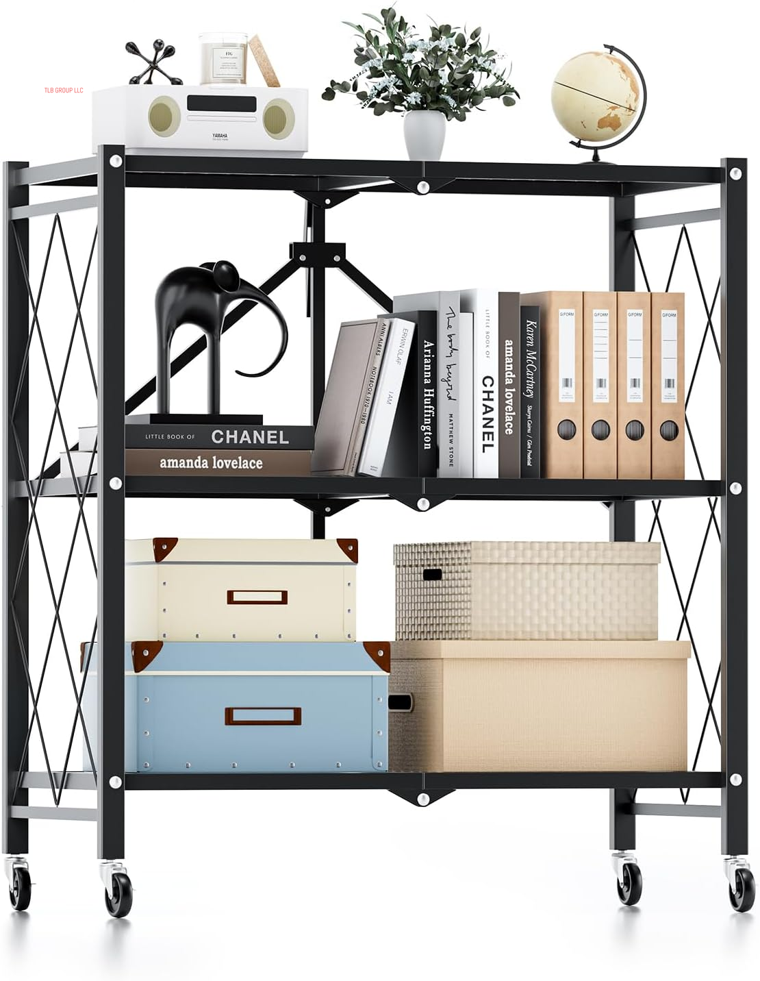 Heavy Duty 3-Tier Foldable Metal Rack, 14.96" D X 27.95" W X 34.25" H Storage Shelving Unit 750 Lbs with Wheels Moving Organizer Shelves for Garage Kitchen, Black