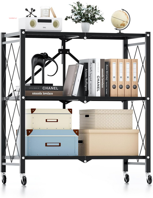 Heavy Duty 3-Tier Foldable Metal Rack, 14.96" D X 27.95" W X 34.25" H Storage Shelving Unit 750 Lbs with Wheels Moving Organizer Shelves for Garage Kitchen, Black