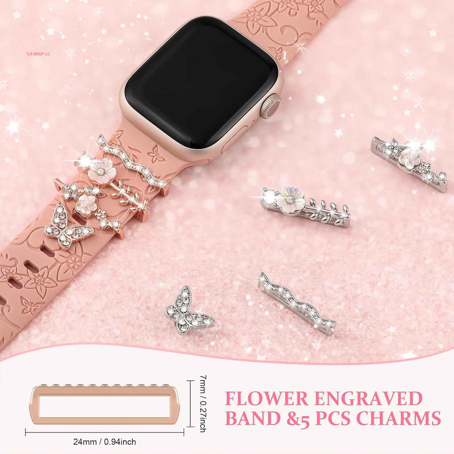 Charm+Band for Apple Watch Bands 40Mm 41Mm 38Mm 44Mm 45Mm 46Mm 42Mm Women Men,Floral Engraved Silicone Sport Band+Decorative Ring Loops for Iwatch Series 10 9 8 7 6 5 4 3 SE Ultra/2 49Mm,Jewelry Strap