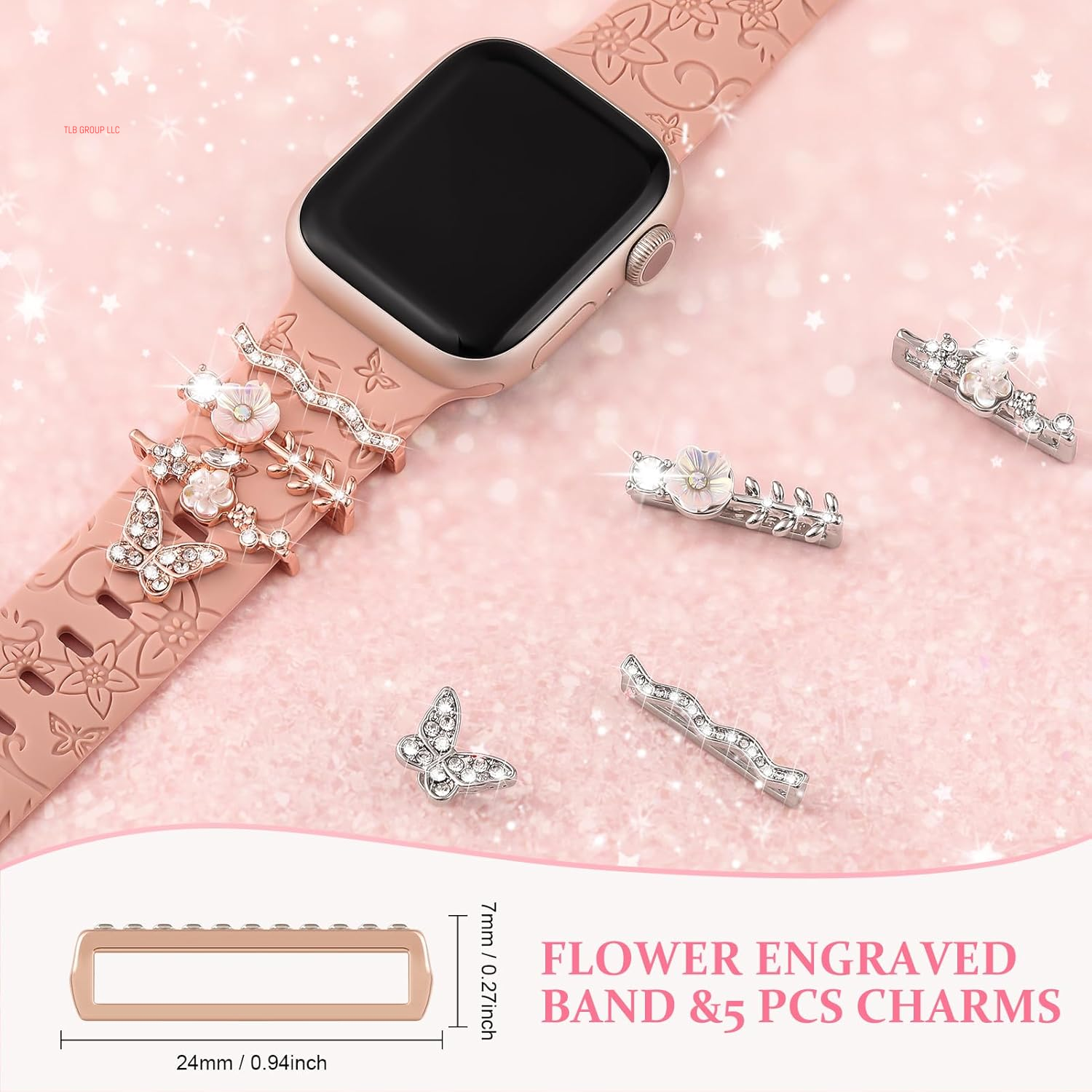 Charm+Band for Apple Watch Bands 40Mm 41Mm 38Mm 44Mm 45Mm 46Mm 42Mm Women Men,Floral Engraved Silicone Sport Band+Decorative Ring Loops for Iwatch Series 10 9 8 7 6 5 4 3 SE Ultra/2 49Mm,Jewelry Strap