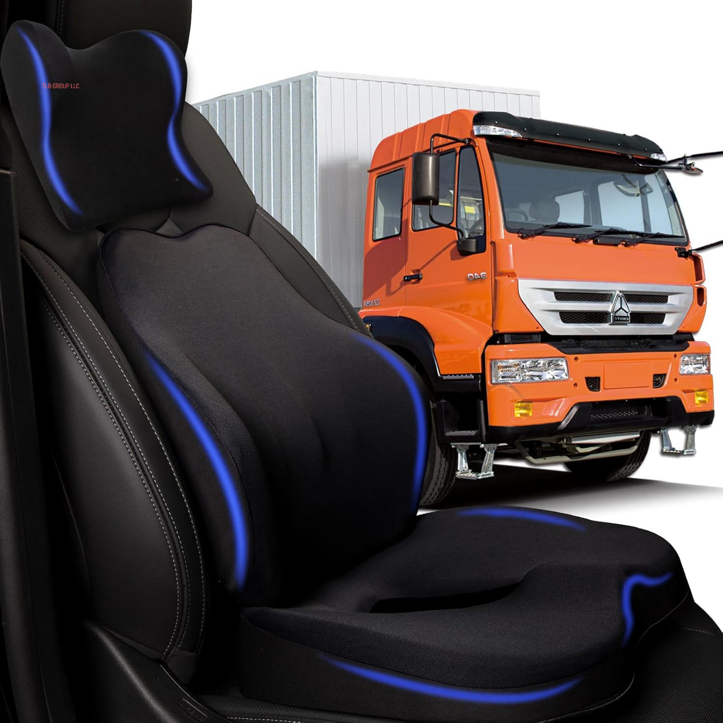 Truck Seat Cushion, 2PC 100% Memory Foam Seat Cushion for Truck Driver, Truck Driver Seat Cushion & Back Support, Semi Truck Accessories for Men -Seat Cushion-18X14.5X3.5In, Lumbar Cushion-16.5X15.4X5 TRUCK DRIVER