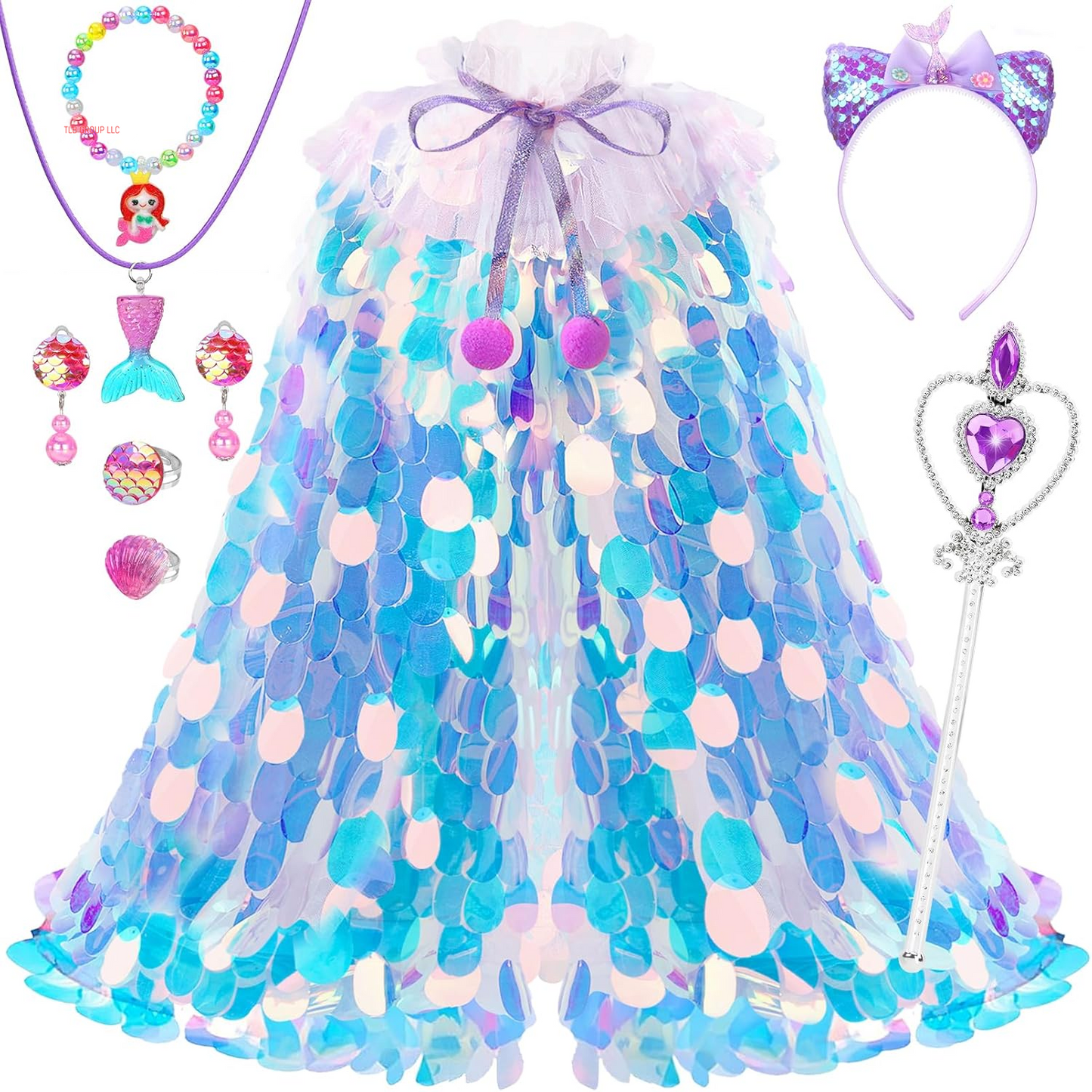 Princess Dress up for Girls 4-6, Mermaid Toddler Toys for Ages 3-8, 8 Pcs Shiny Sequin Princess Cape Set Kids Toys, Princess Girl Toys for Easter Halloween Birthday Christmas Gifts Party Favors
