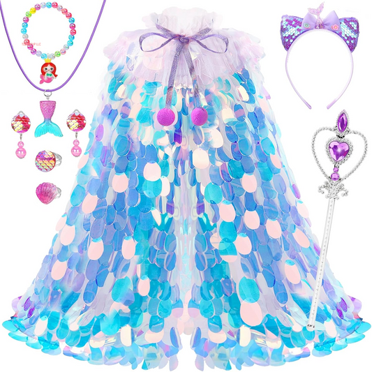 Princess Dress up for Girls 4-6, Mermaid Toddler Toys for Ages 3-8, 8 Pcs Shiny Sequin Princess Cape Set Kids Toys, Princess Girl Toys for Easter Halloween Birthday Christmas Gifts Party Favors