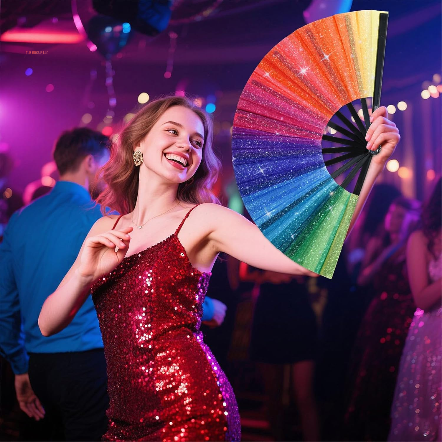 Rainbow Rave Folding Hand Fan, Large Line Dance Popping Fan, Festival Clacking Fan with Fabric Case, Perfect for Dance, Performance, Wedding, Party Decoration, Gift