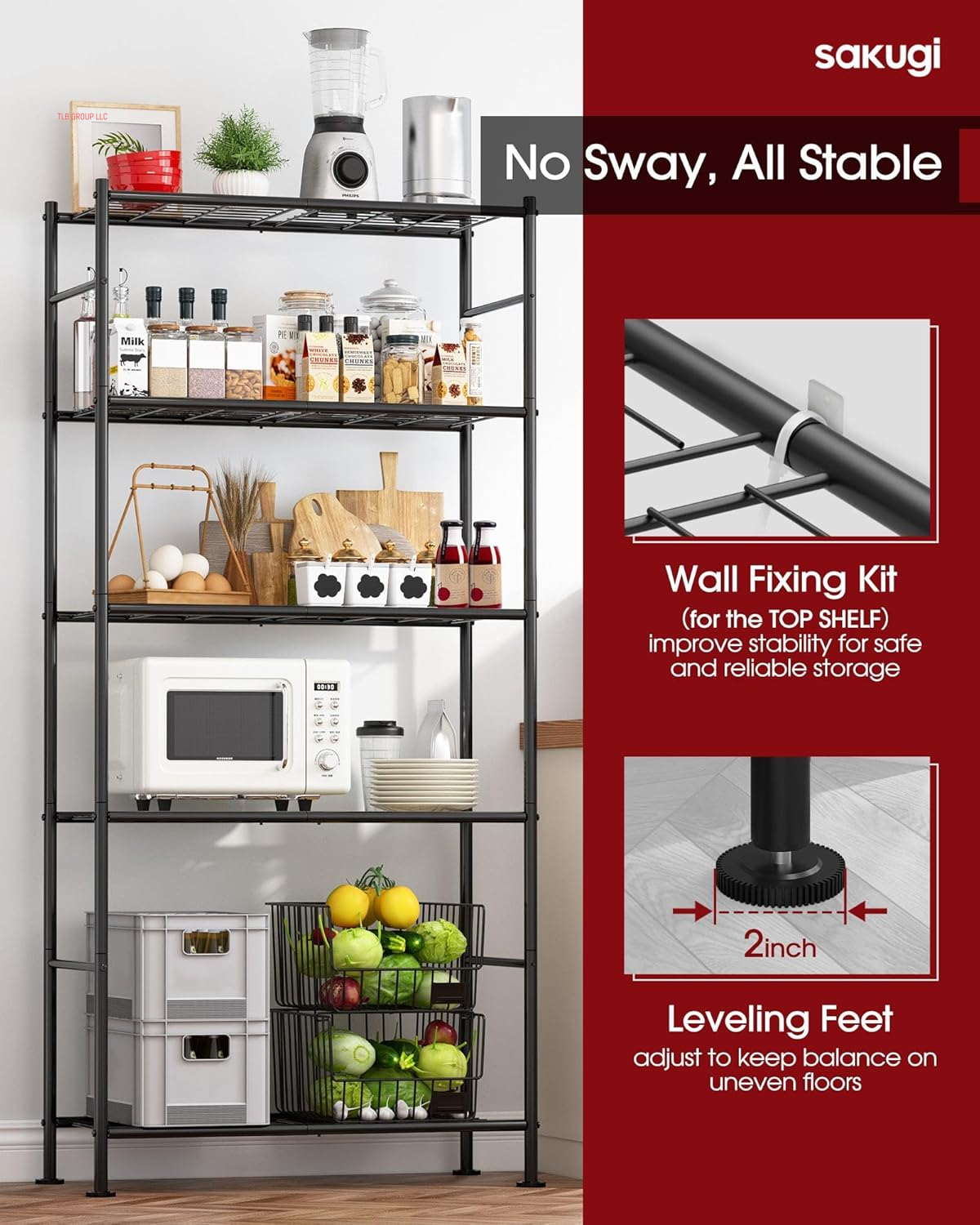 Storage Shelves - 5 Tier Shelf Organizer, Heavy Duty Garage Shelving Unit with Leveling Feet, Stable Metal Shelves Organizer for Pantry, Kitchen and Closet, 33.0" W X 12.6" D X 72.0" H, Black